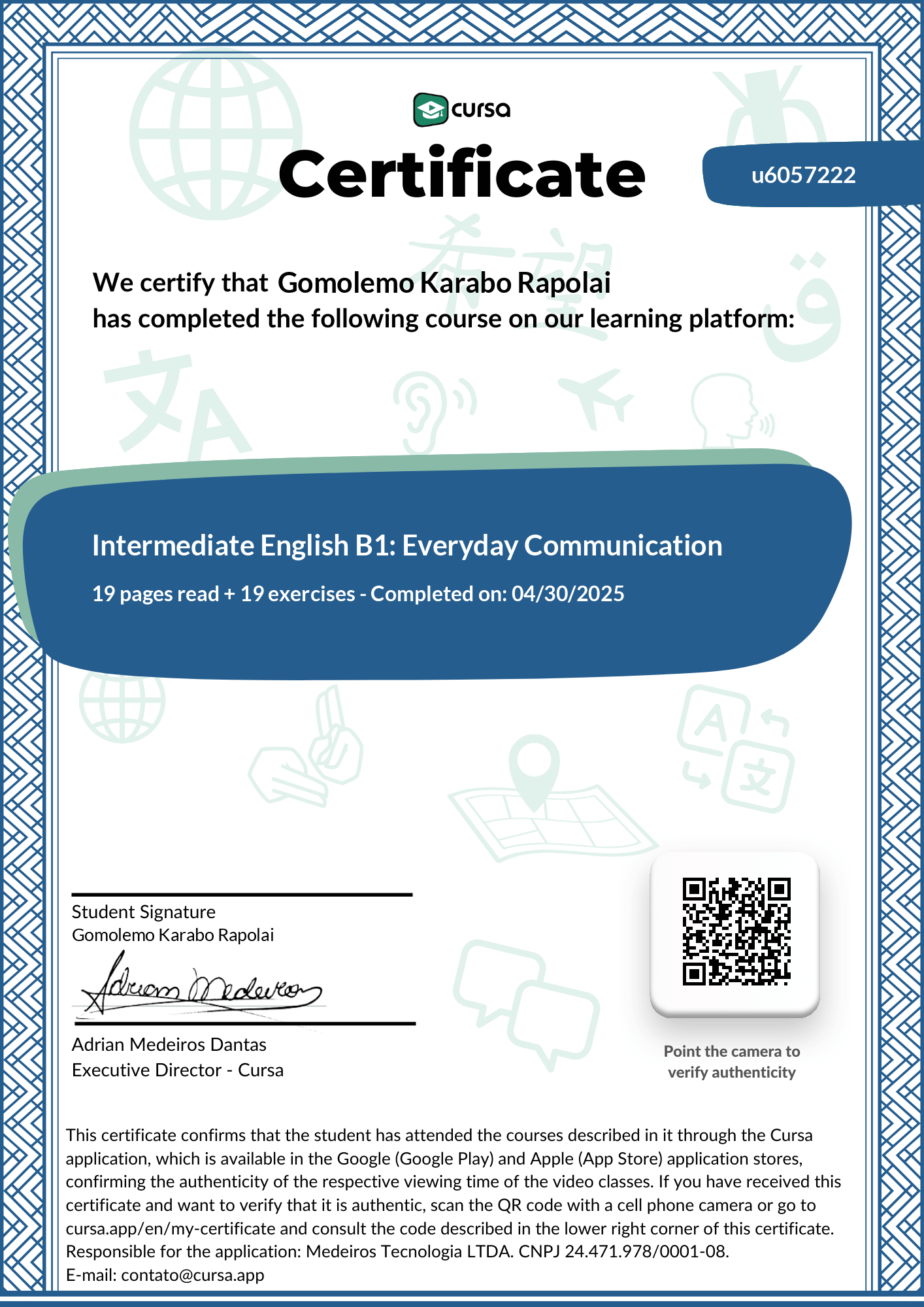 Image of my free Course Completion Certificate.
