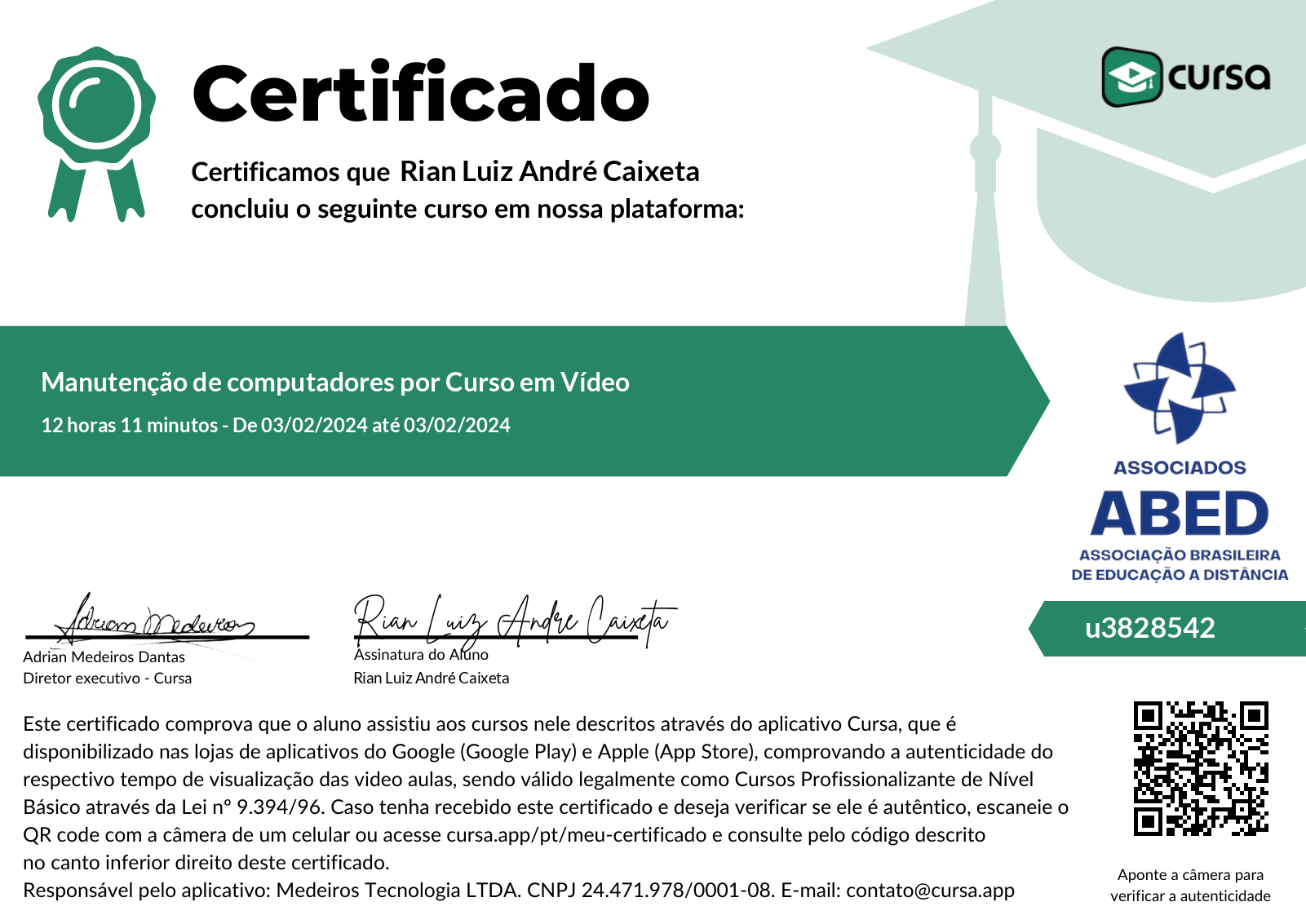 Imagem do meu Certificado gratuito de conclusão de curso.