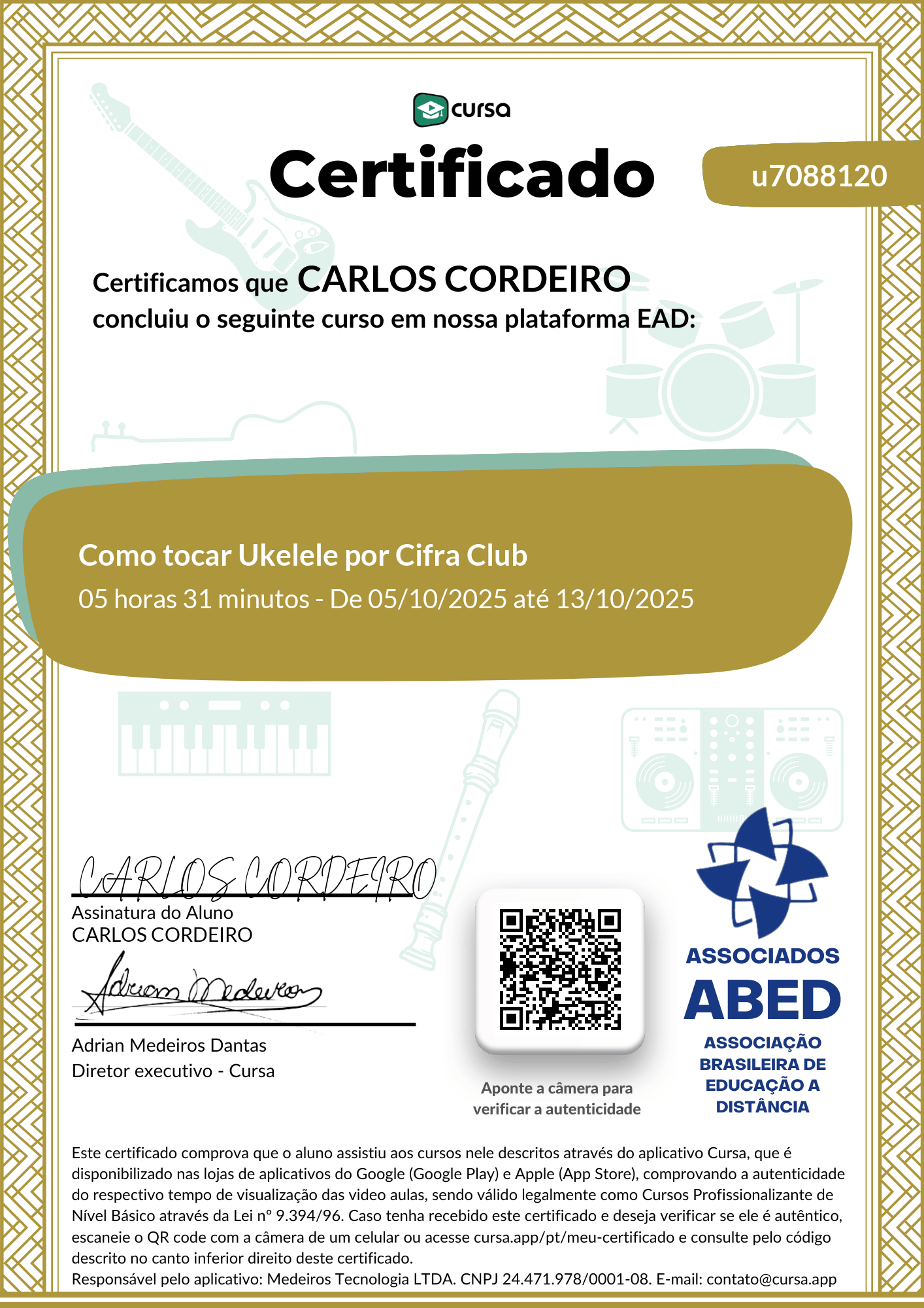 Imagem do meu Certificado gratuito de conclusão de curso.