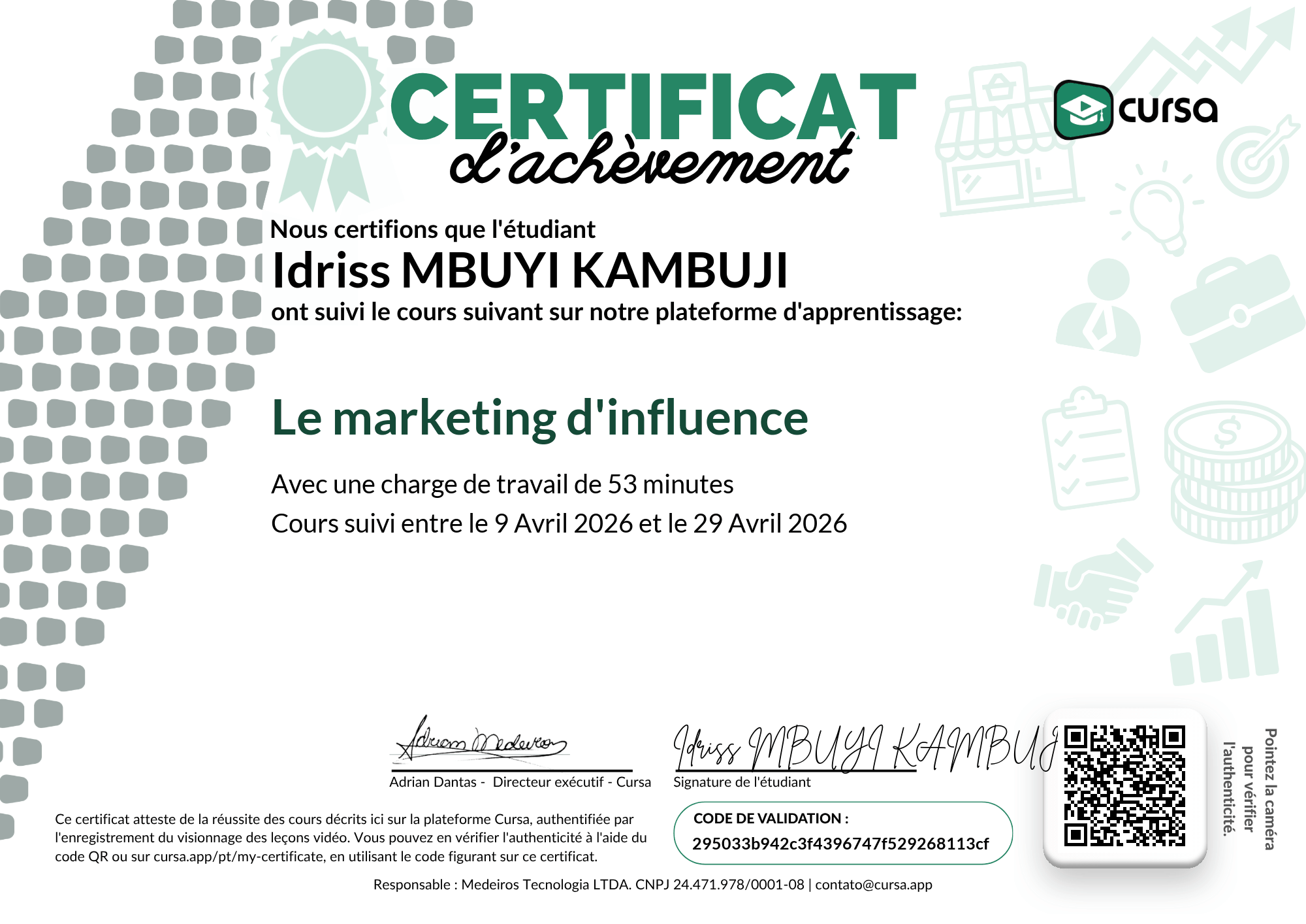 Image de mon certificat de fin de cours gratuit.