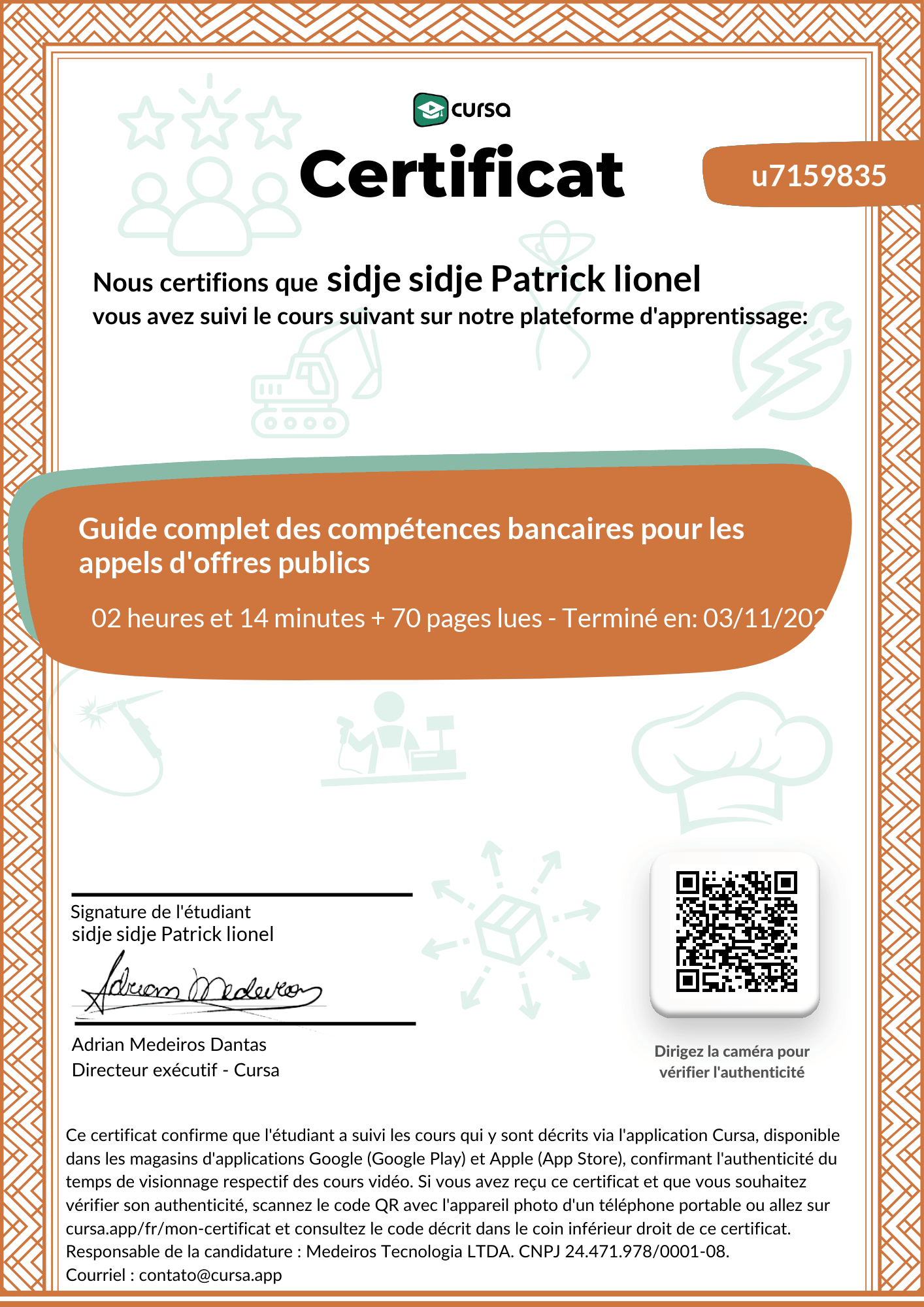 Image de mon certificat de fin de cours gratuit.