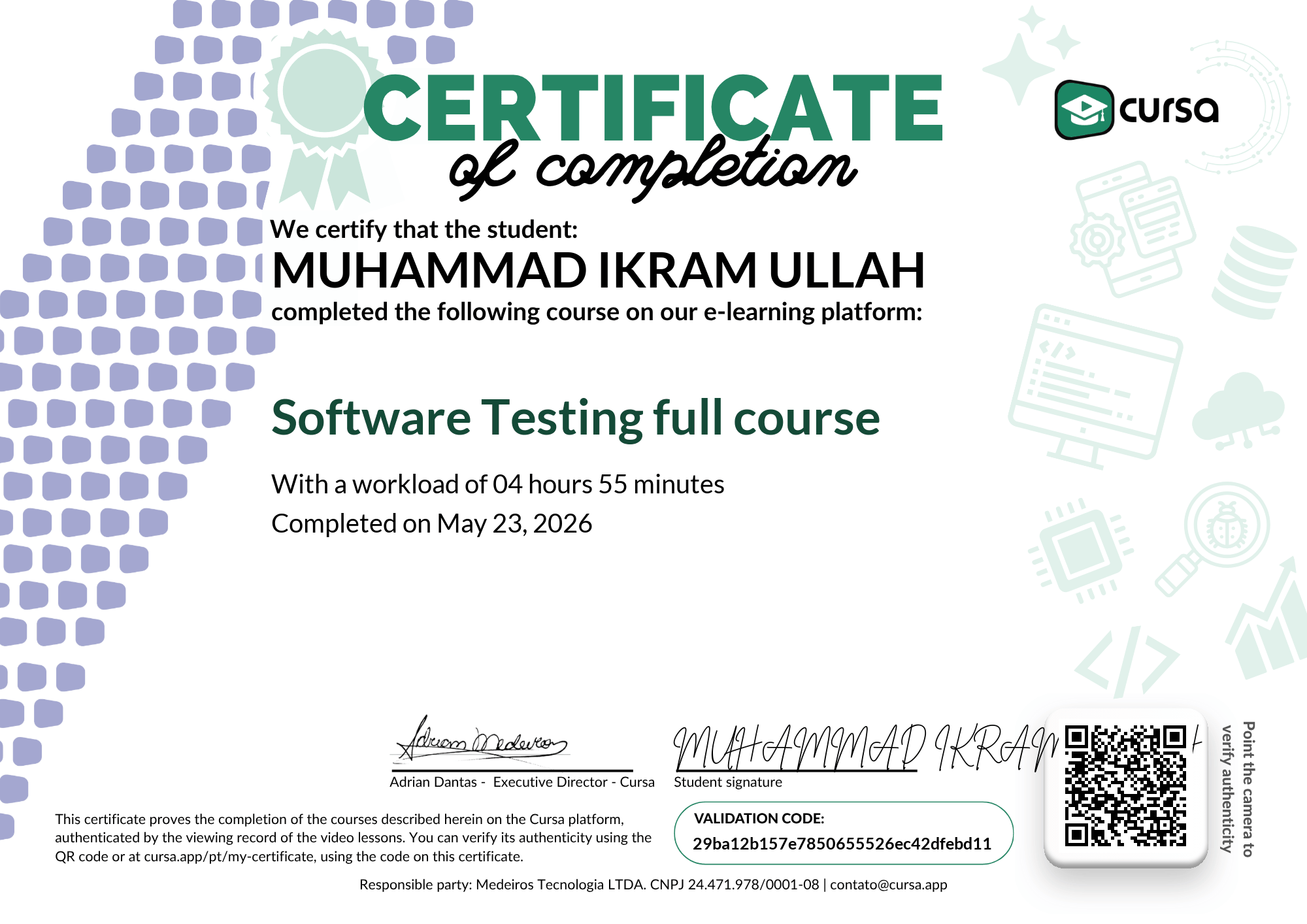 Image of my free Course Completion Certificate.