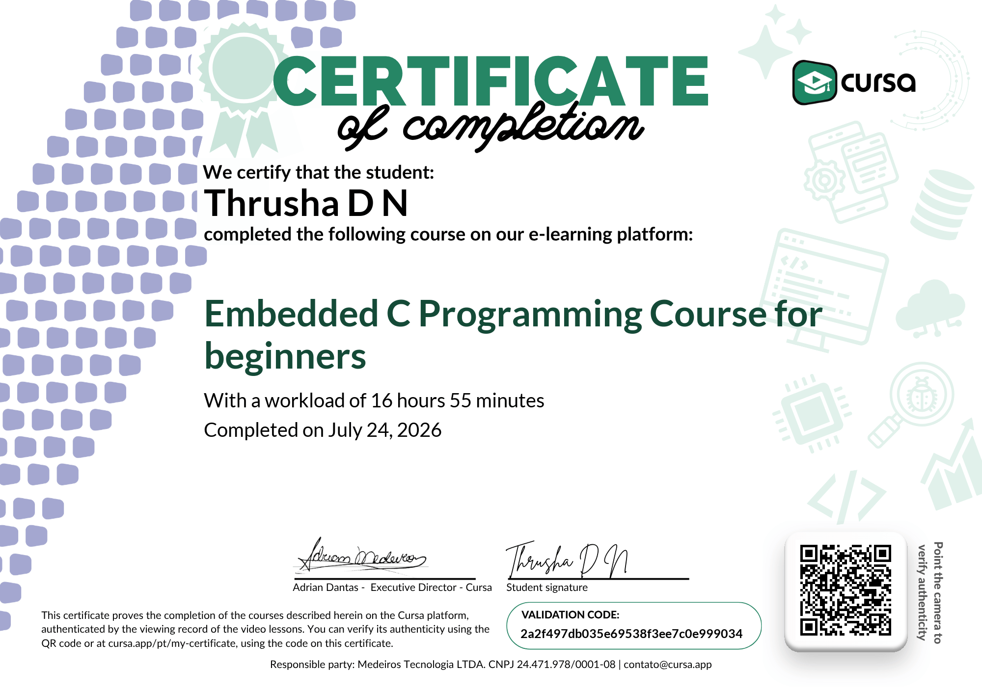 Image of my free Course Completion Certificate.