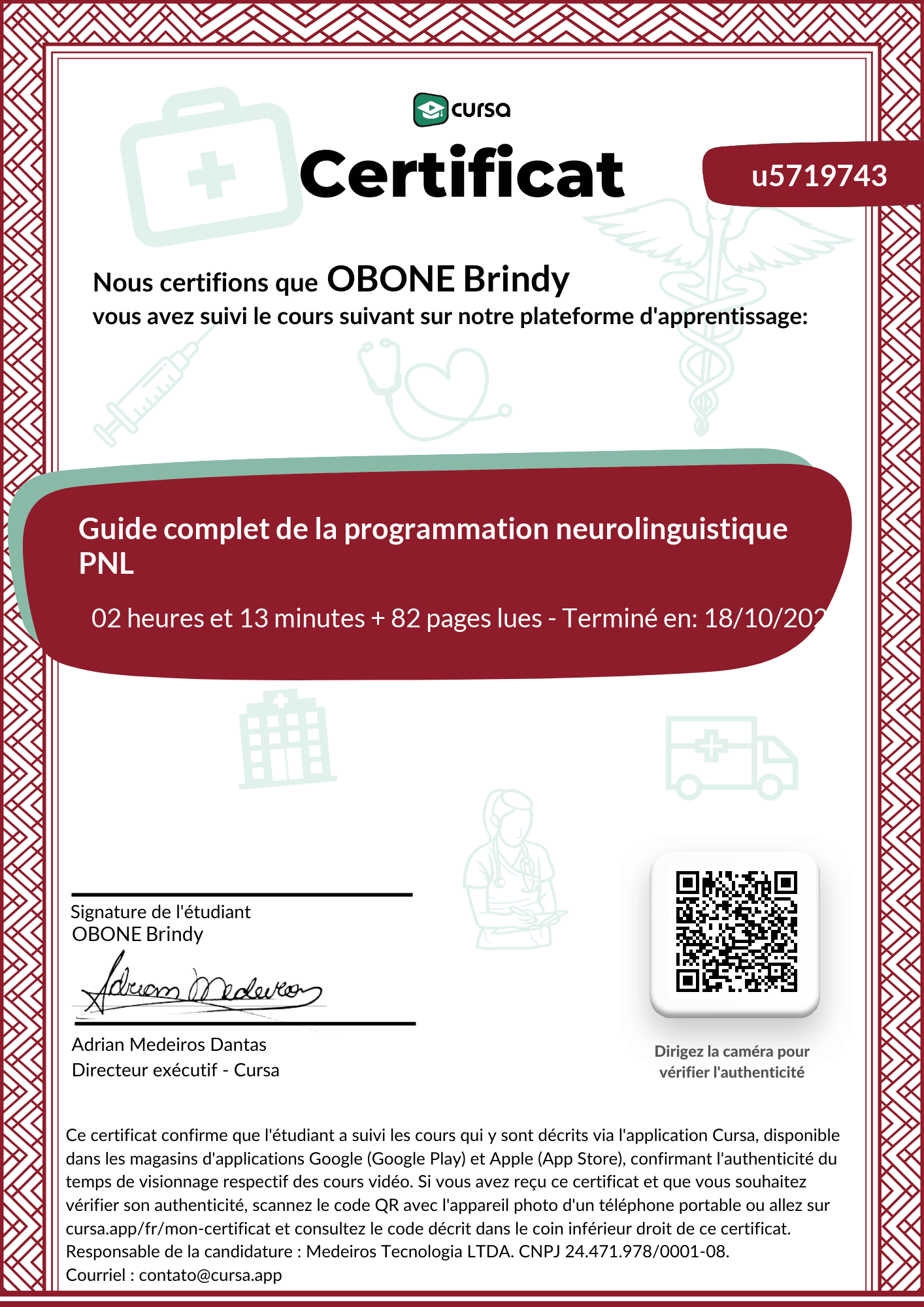 Image de mon certificat de fin de cours gratuit.