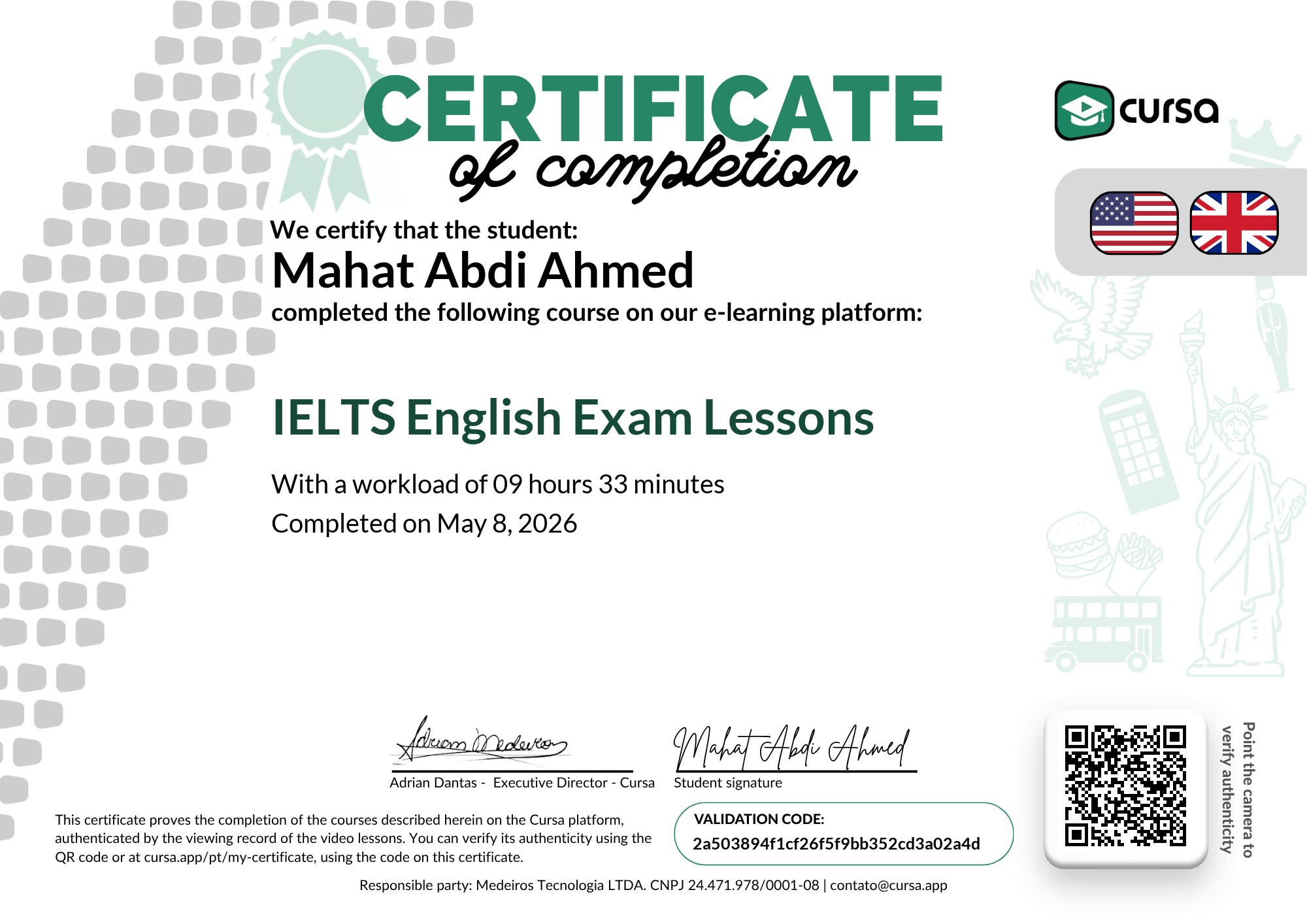 Image of my free Course Completion Certificate.