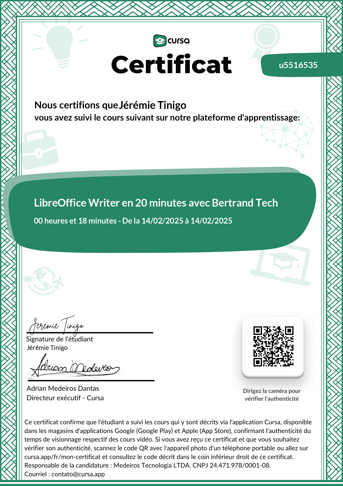 Image de mon certificat de fin de cours gratuit.