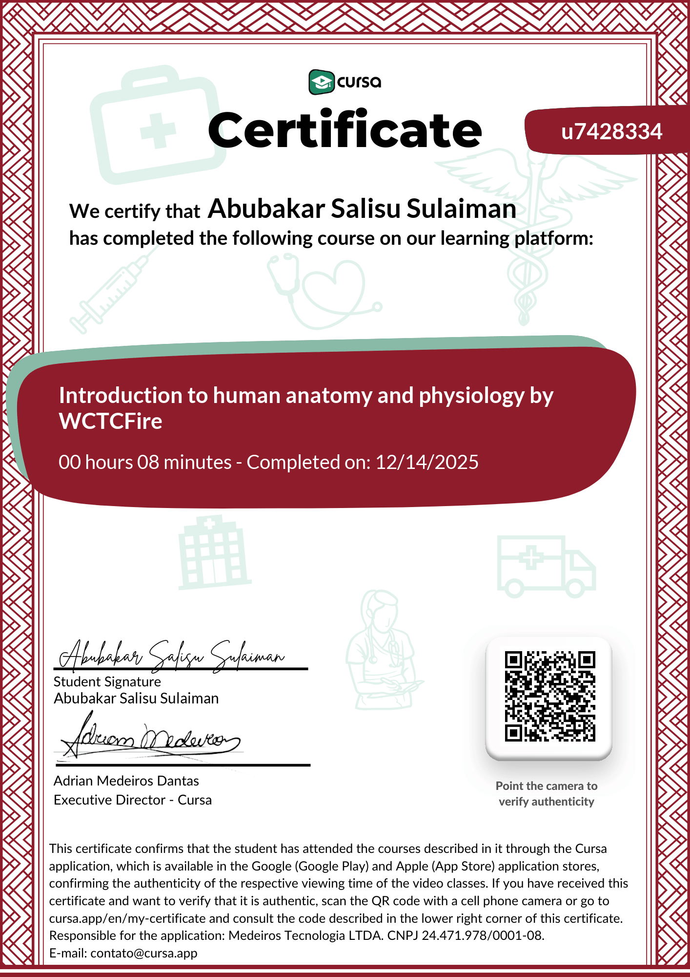 Image of my free Course Completion Certificate.