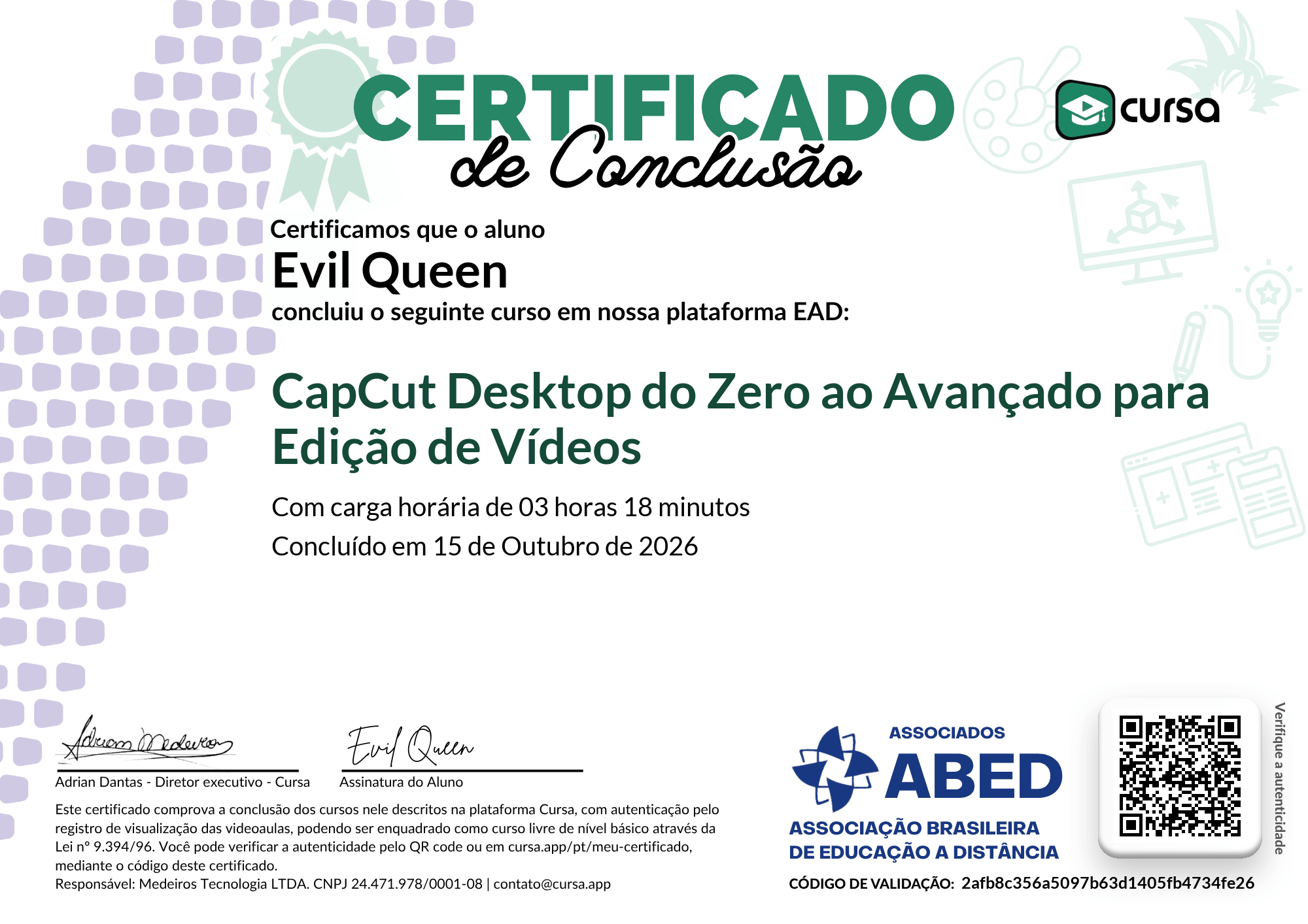 Imagem do meu Certificado gratuito de conclusão de curso.