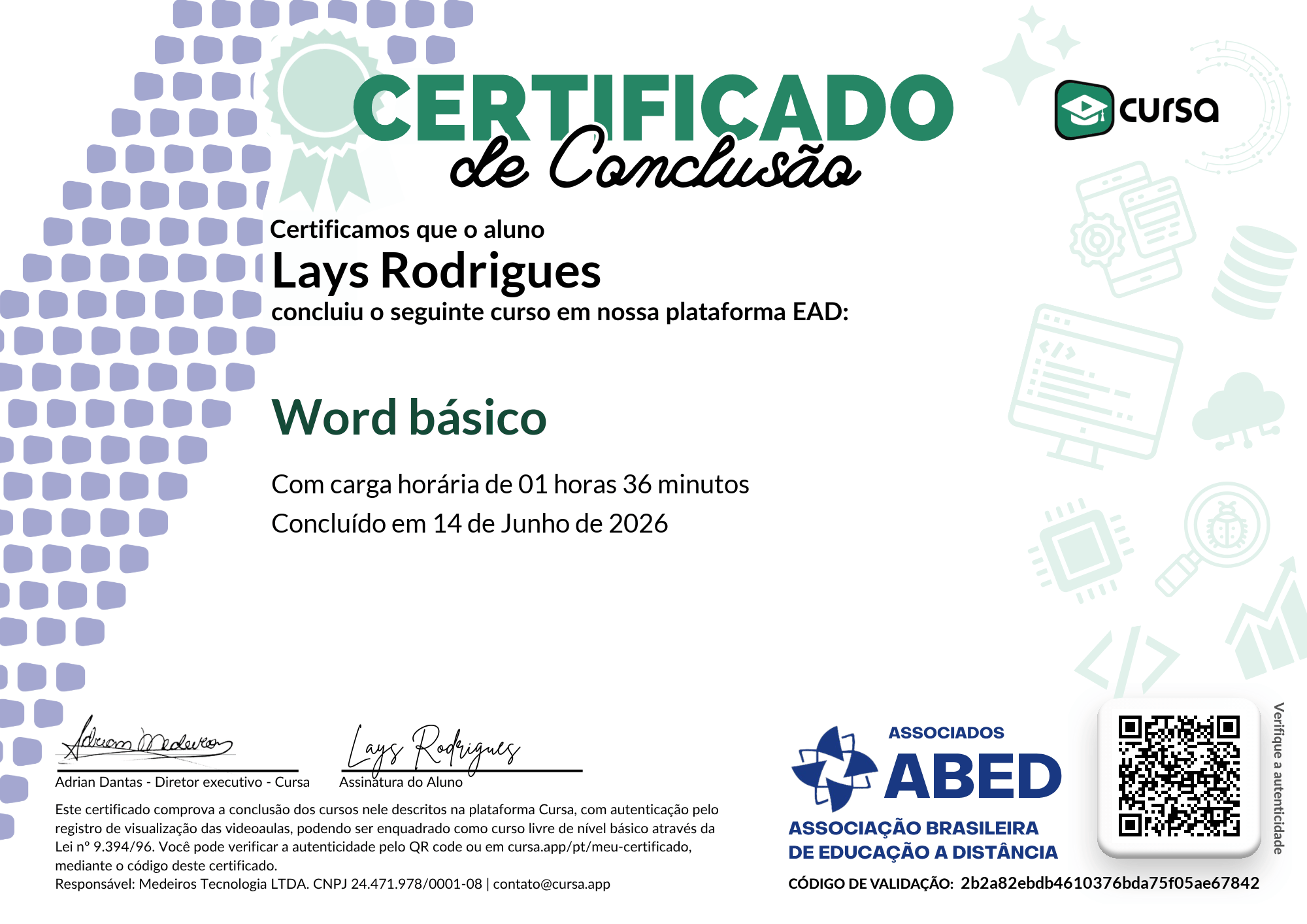 Imagem do meu Certificado gratuito de conclusão de curso.