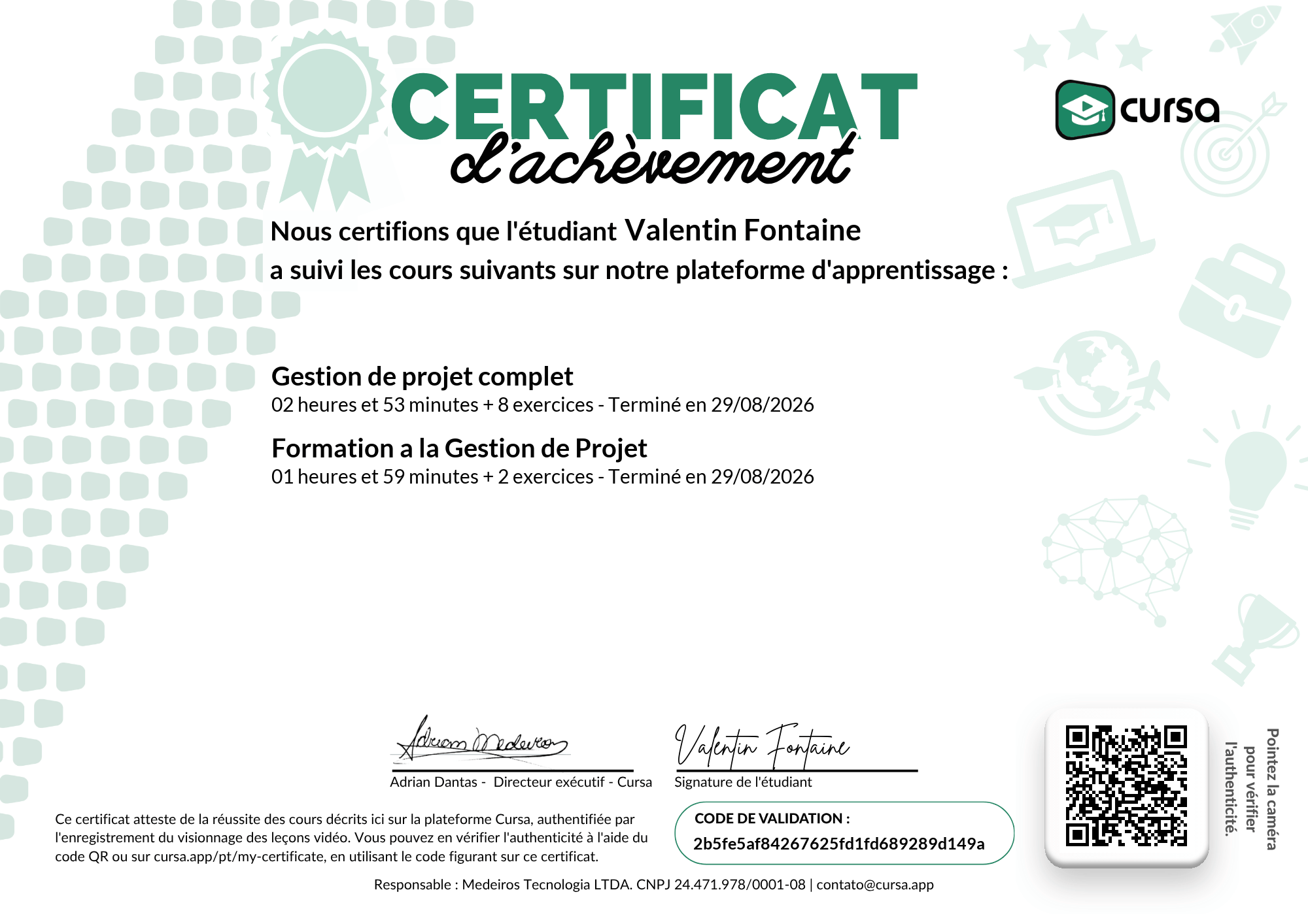 Image de mon certificat de fin de cours gratuit.