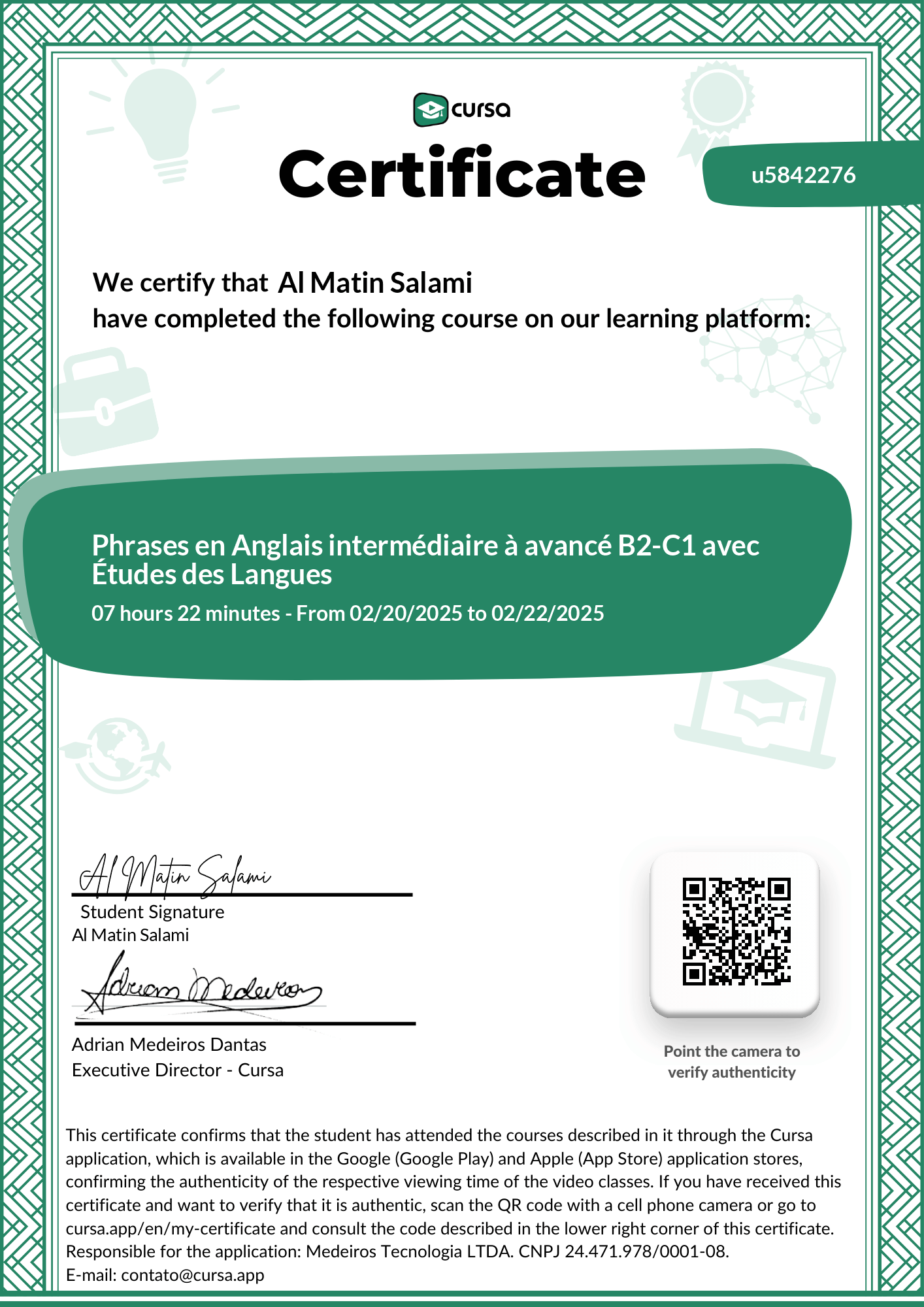 Image of my free Course Completion Certificate.