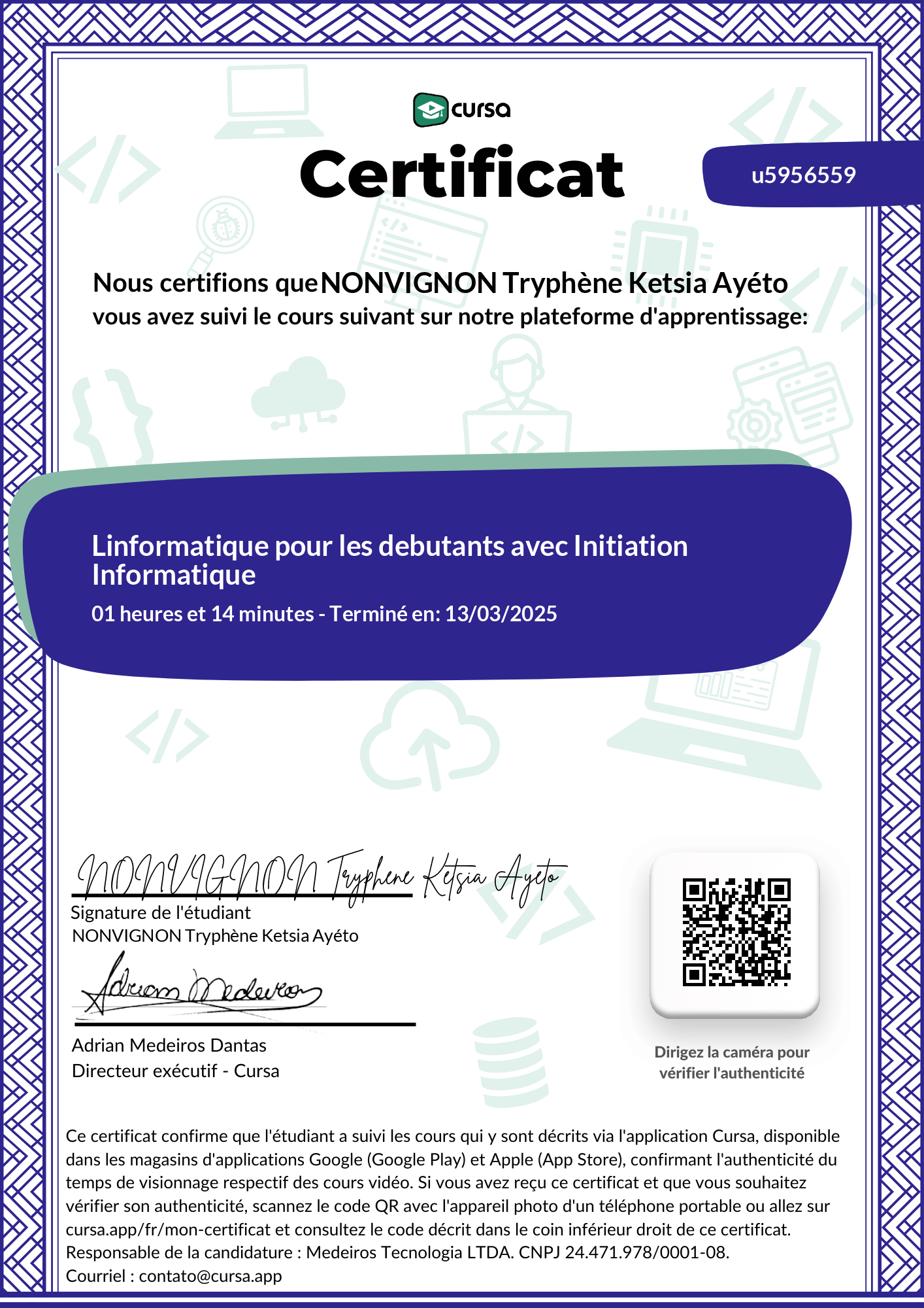 Image de mon certificat de fin de cours gratuit.
