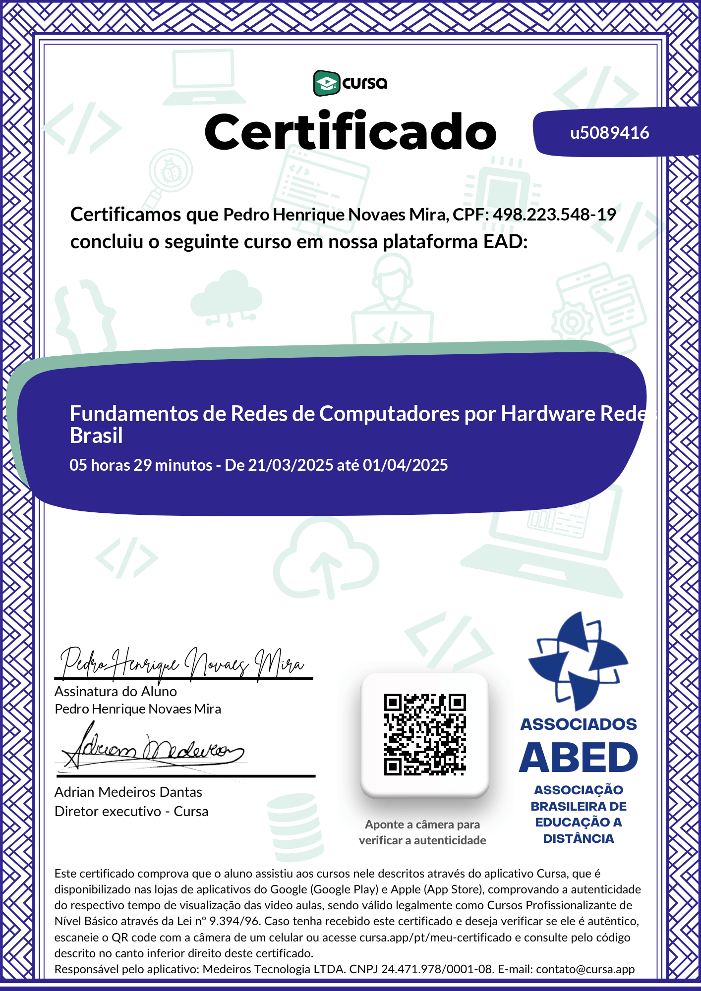 Imagem do meu Certificado gratuito de conclusão de curso.