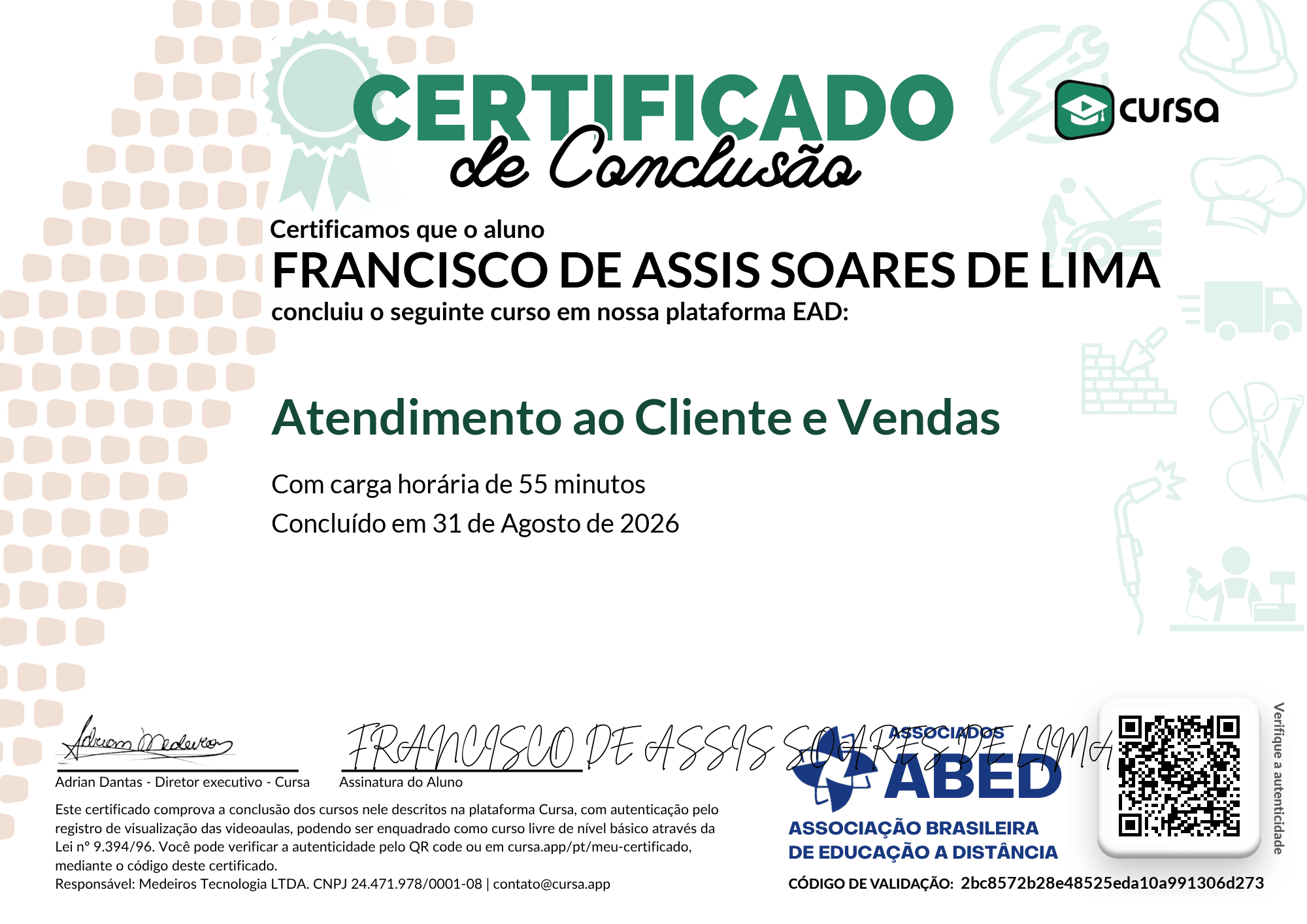 Imagem do meu Certificado gratuito de conclusão de curso.