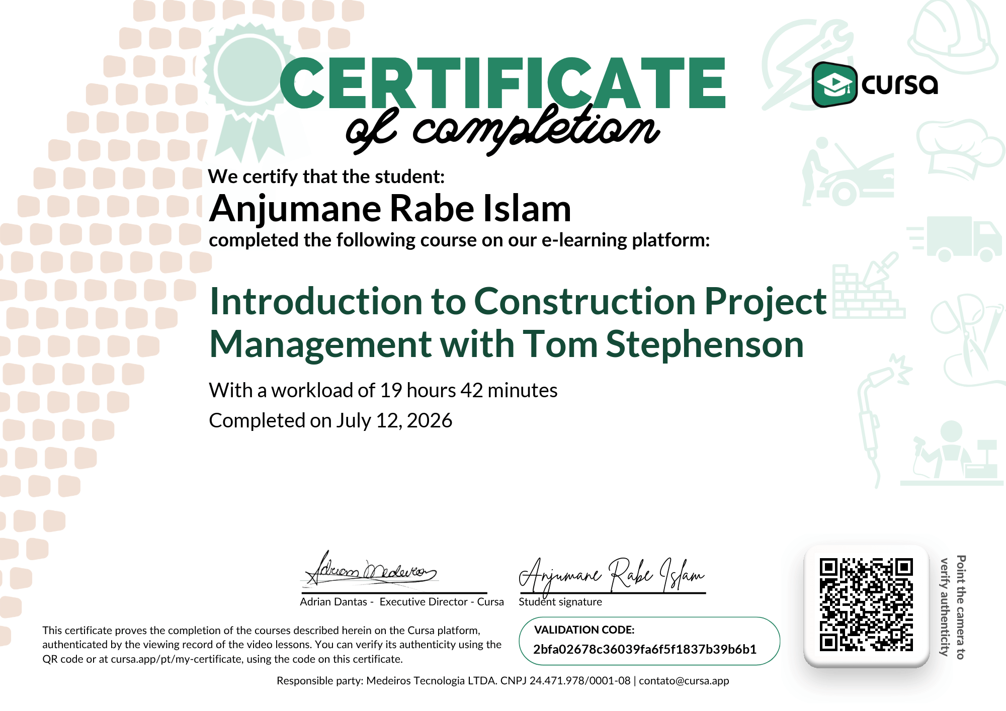 Image of my free Course Completion Certificate.