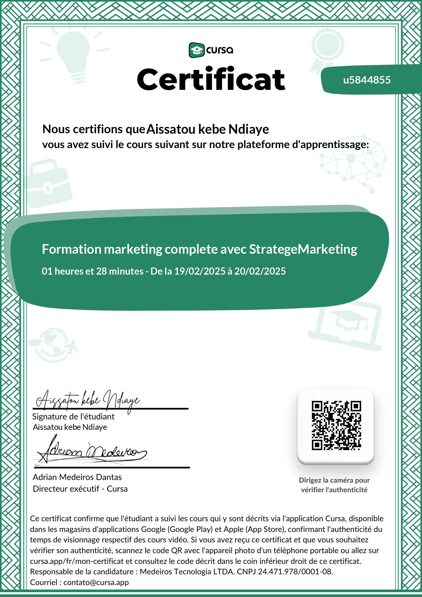 Image de mon certificat de fin de cours gratuit.