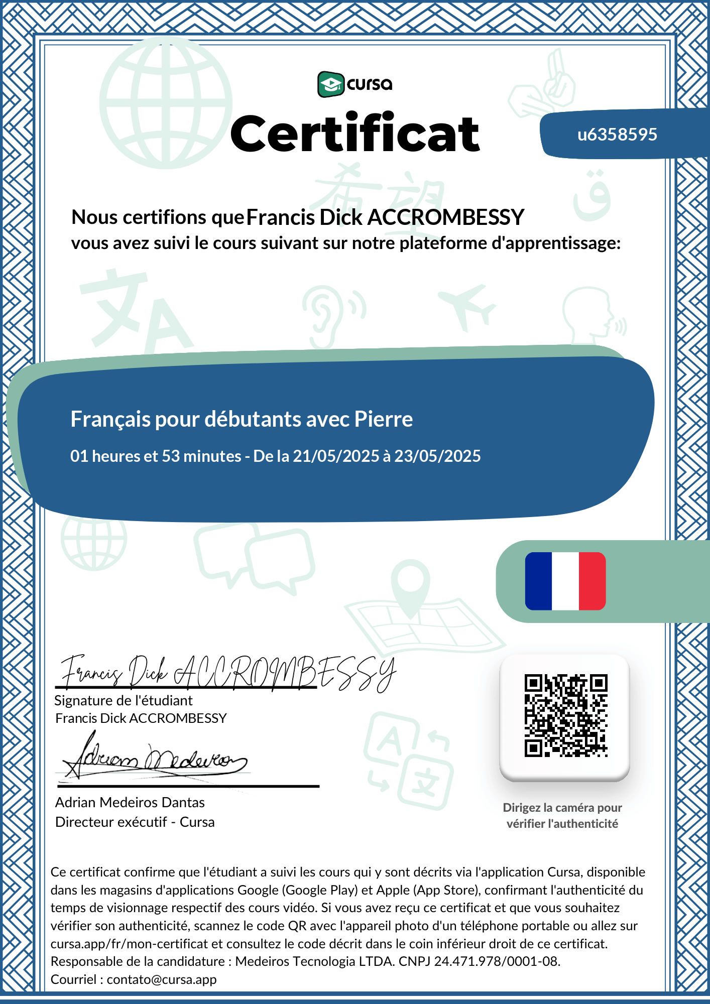 Image de mon certificat de fin de cours gratuit.