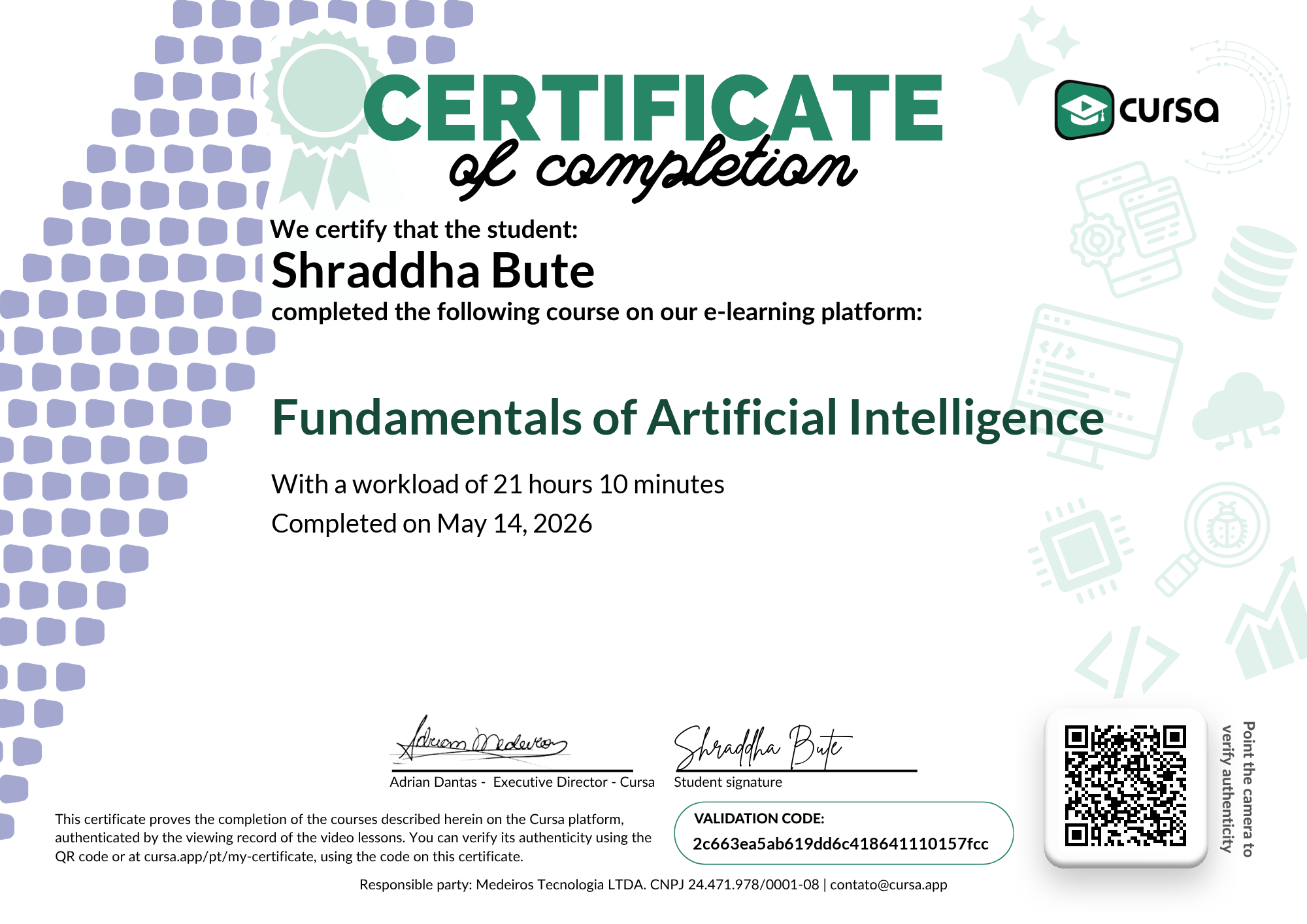 Image of my free Course Completion Certificate.