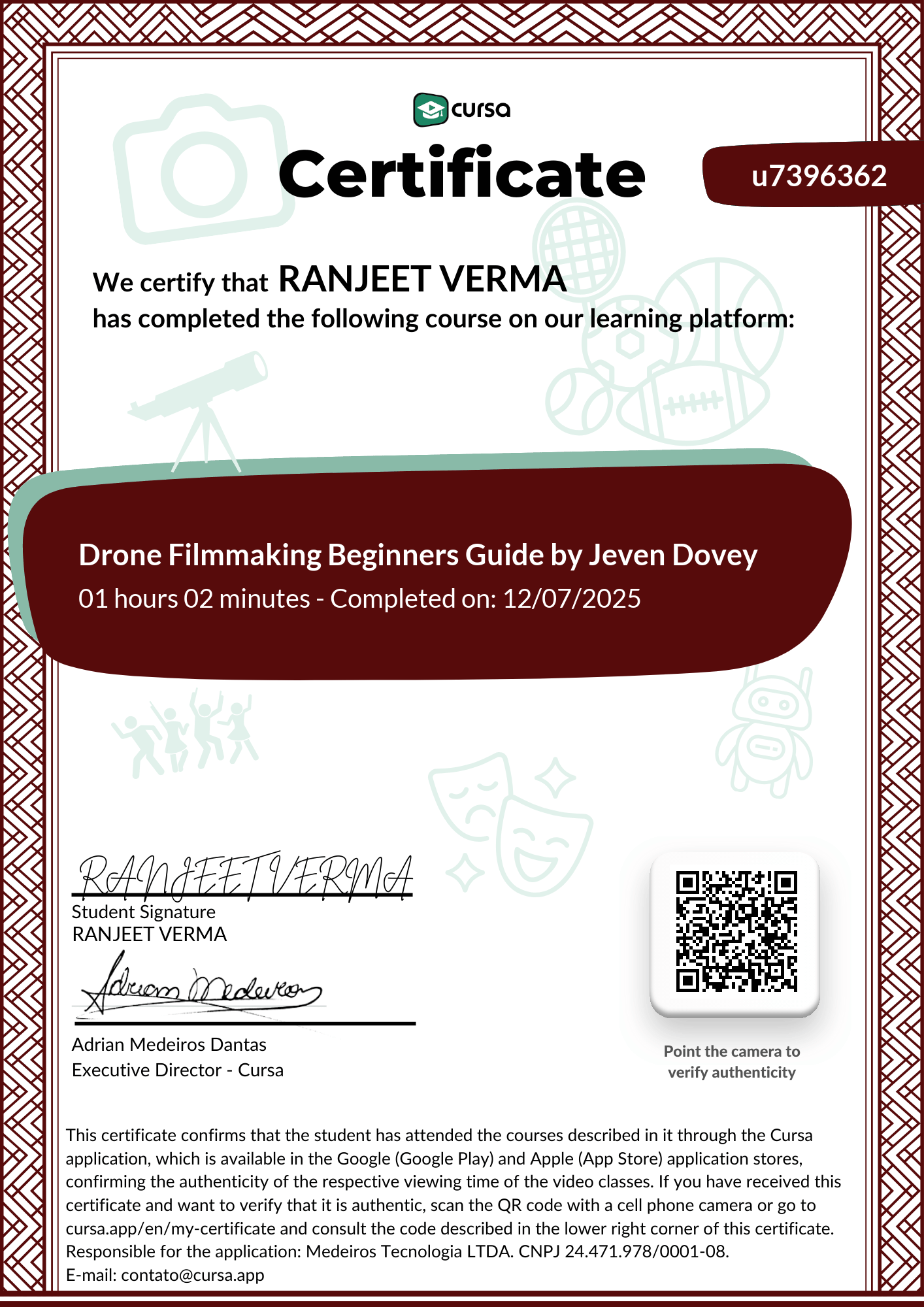 Image of my free Course Completion Certificate.