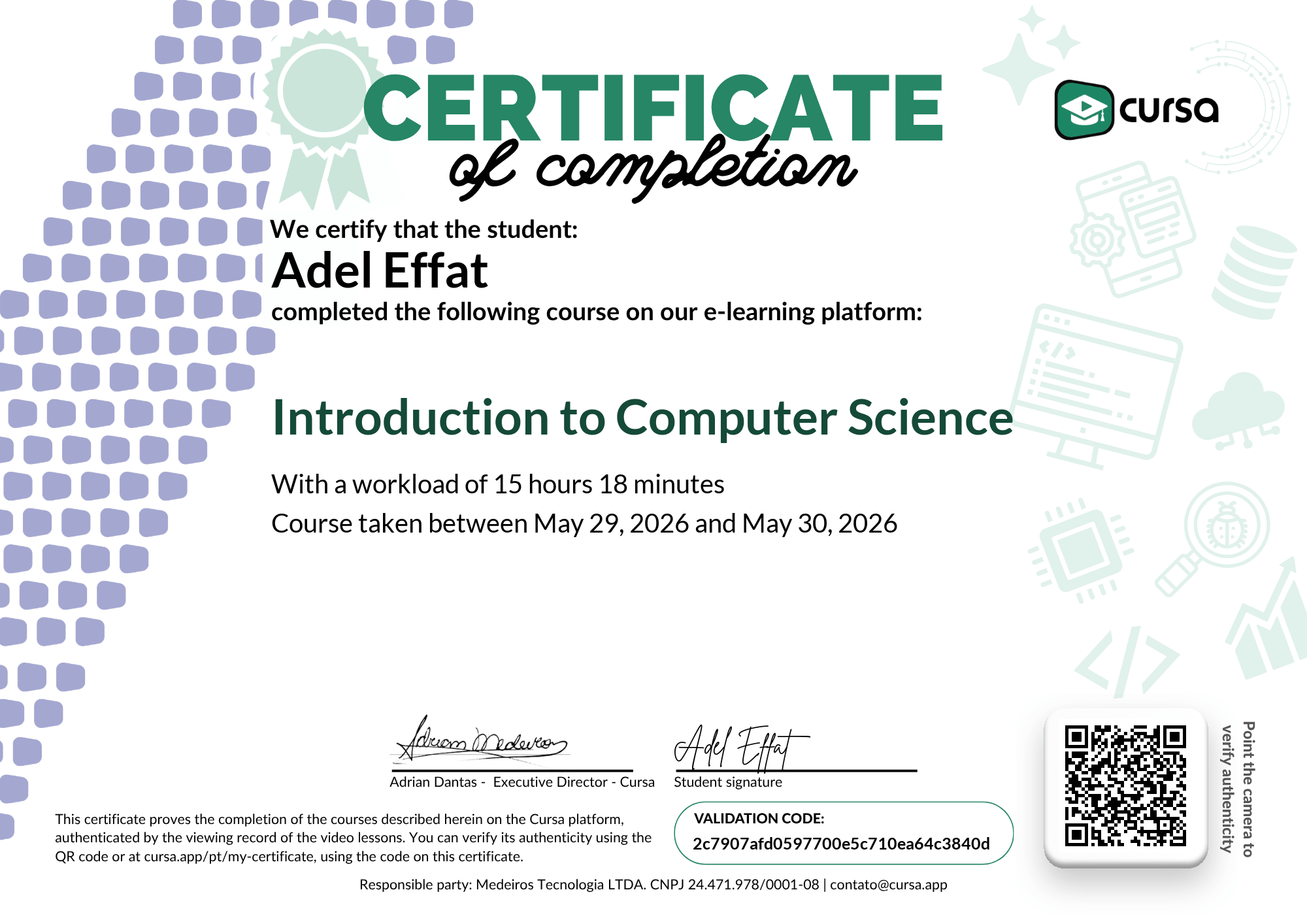 Image of my free Course Completion Certificate.