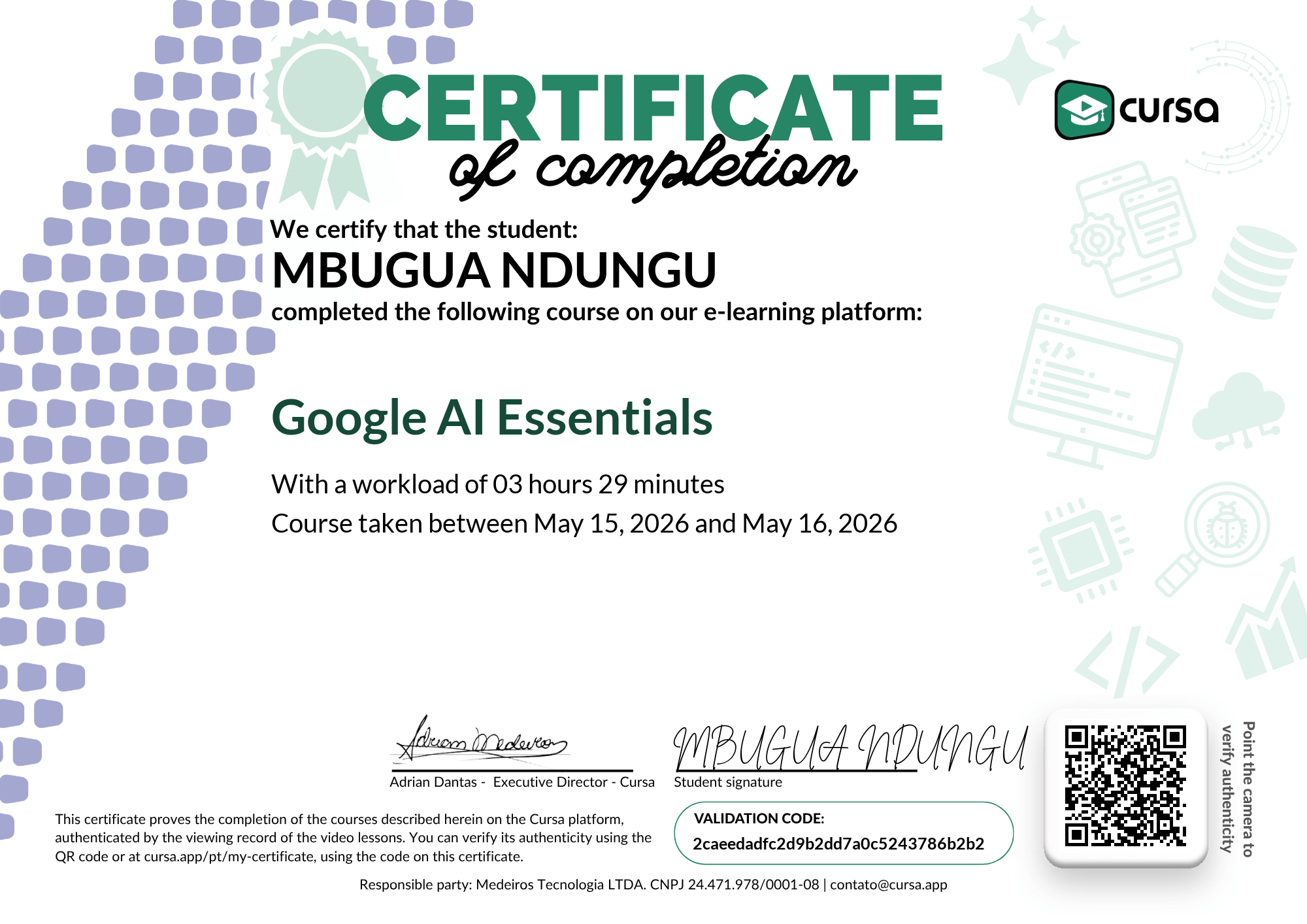 Image of my free Course Completion Certificate.