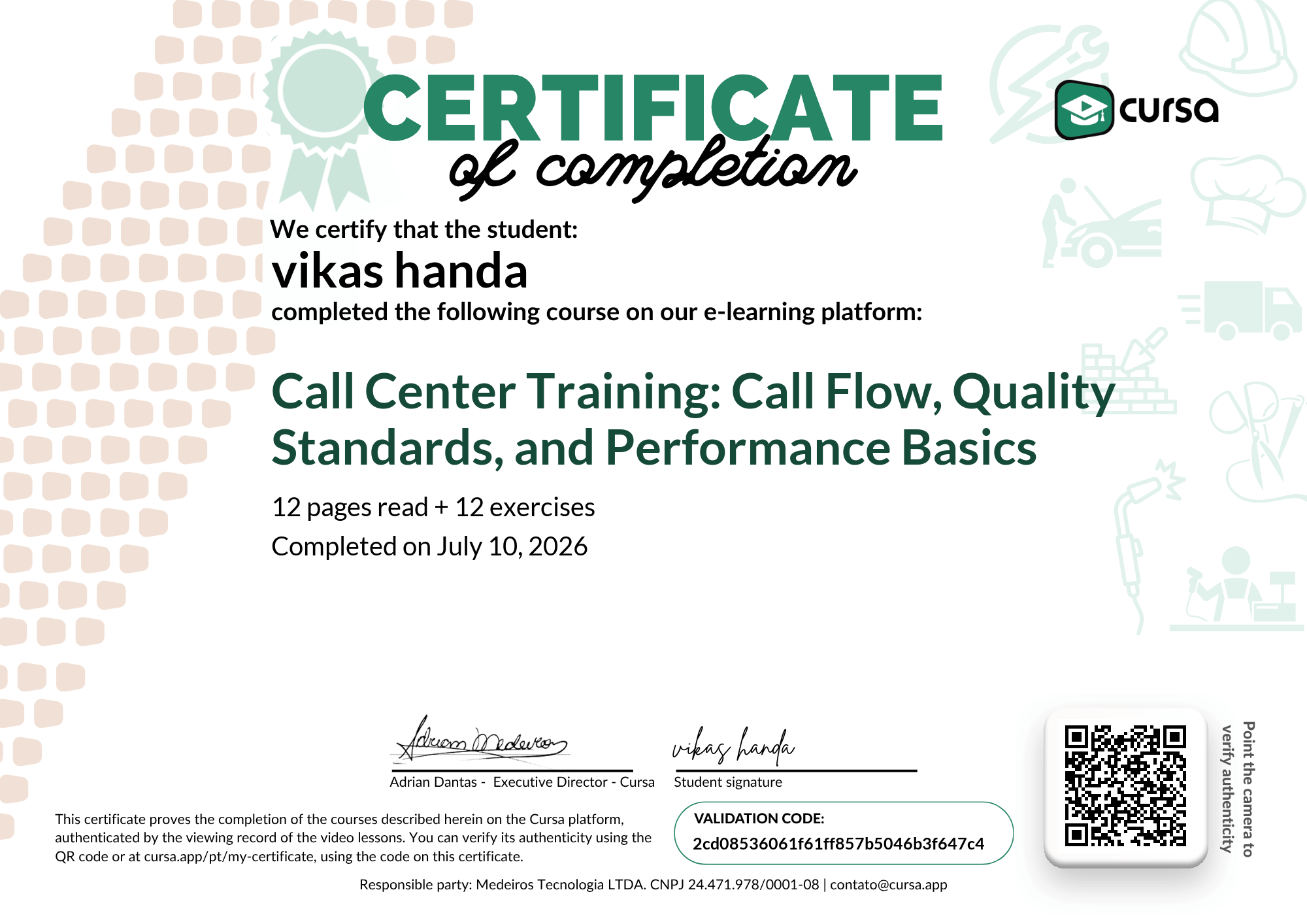 Image of my free Course Completion Certificate.