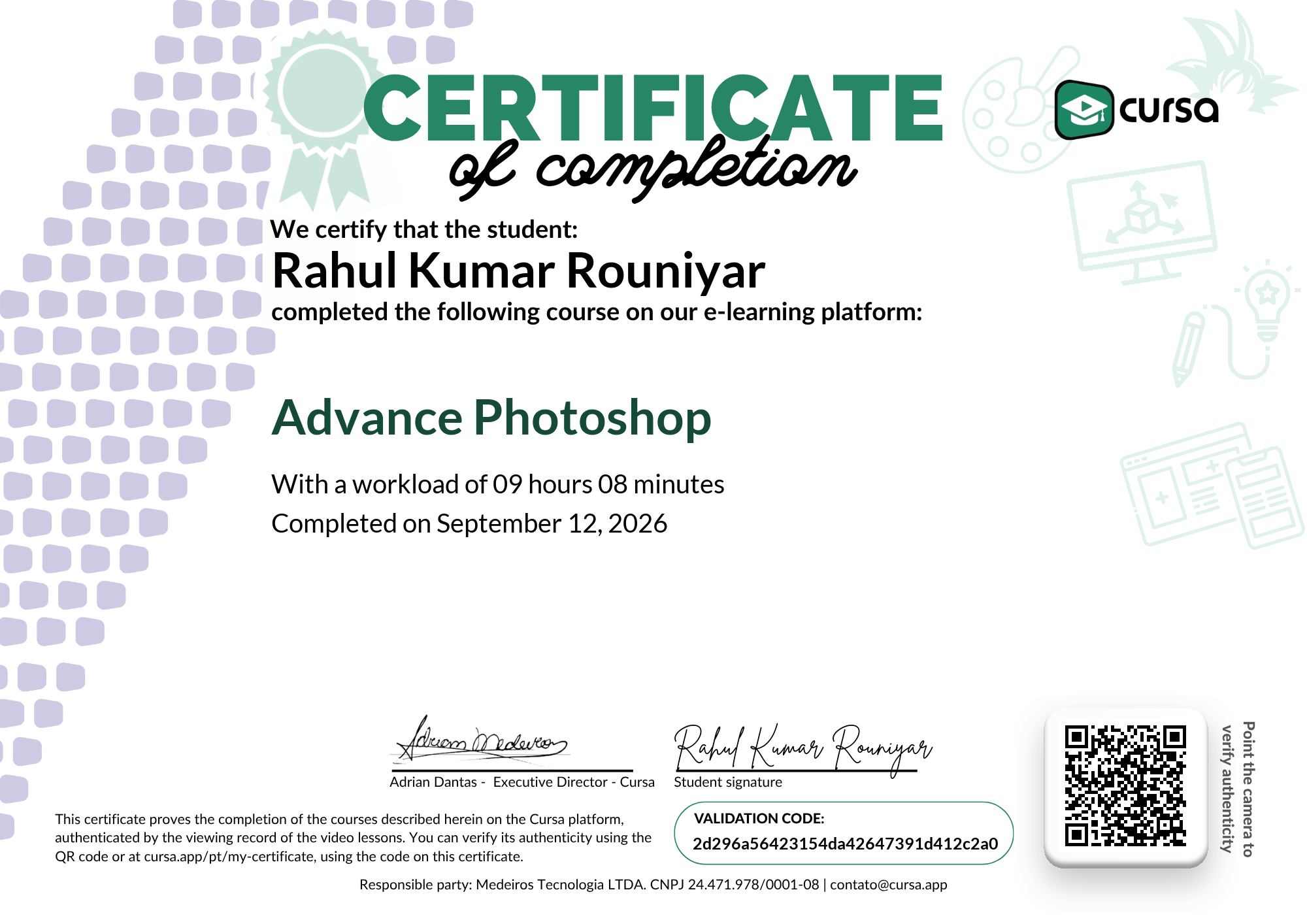 Image of my free Course Completion Certificate.
