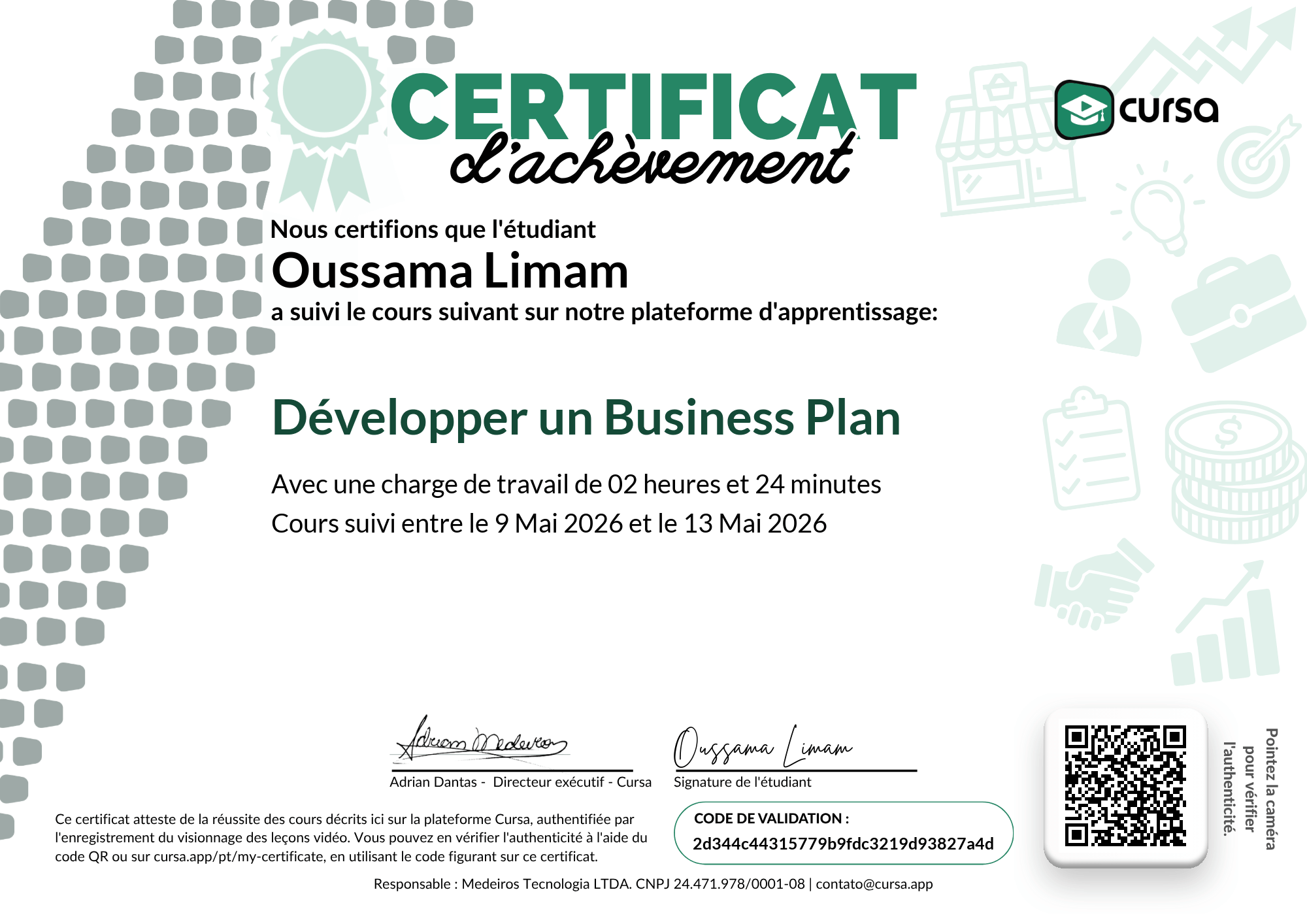 Image de mon certificat de fin de cours gratuit.