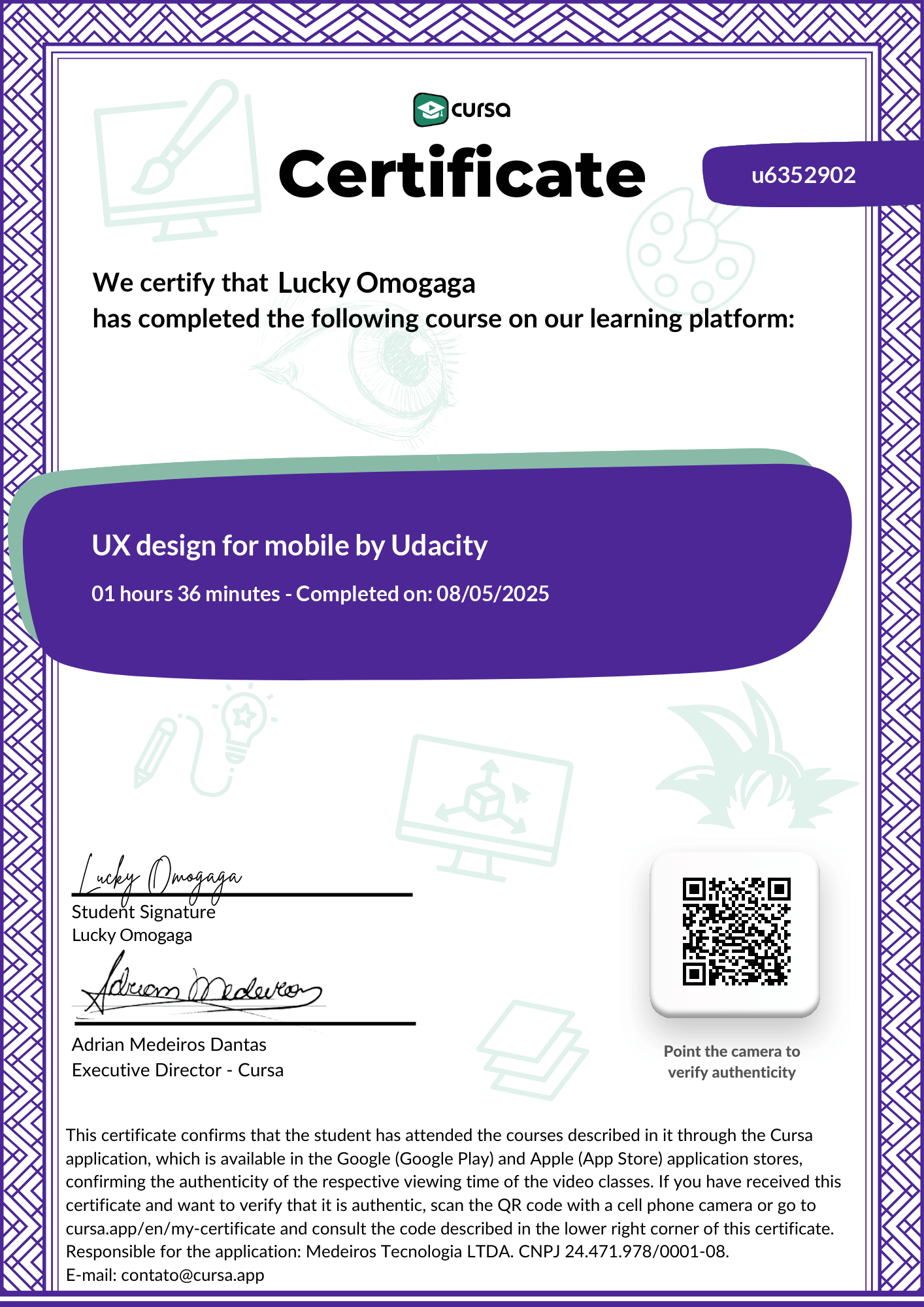 Image of my free Course Completion Certificate.