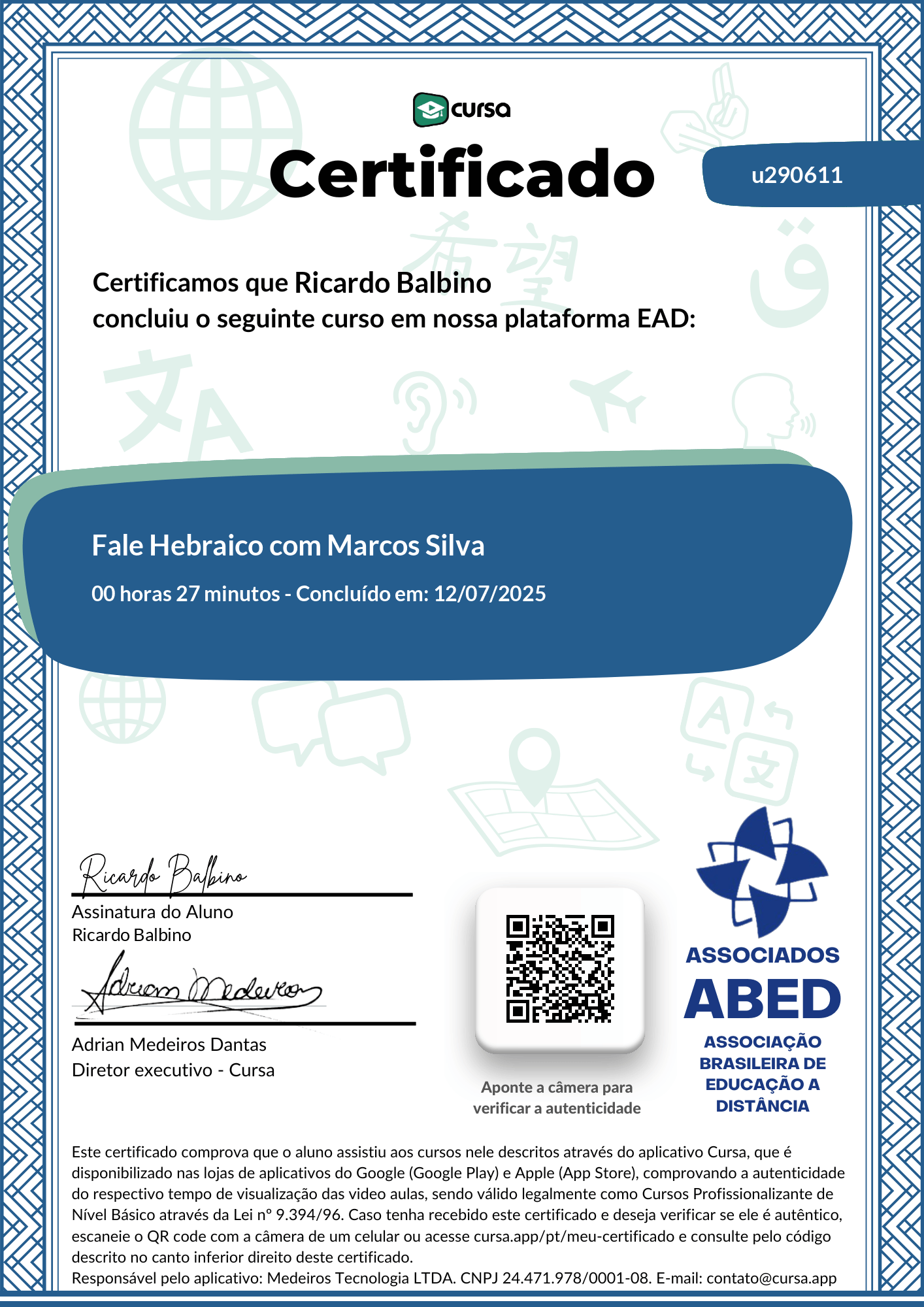 Imagem do meu Certificado gratuito de conclusão de curso.