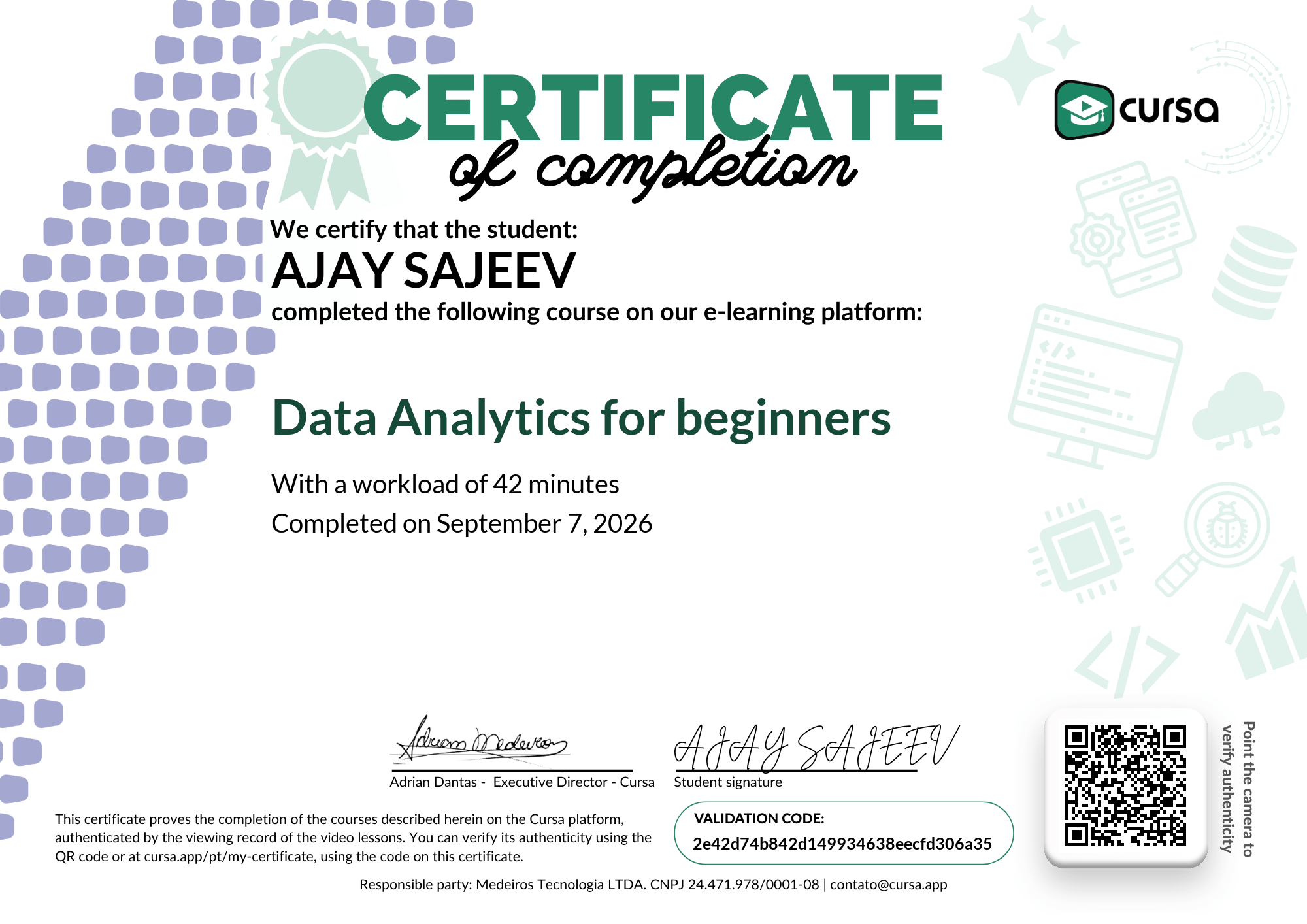 Image of my free Course Completion Certificate.
