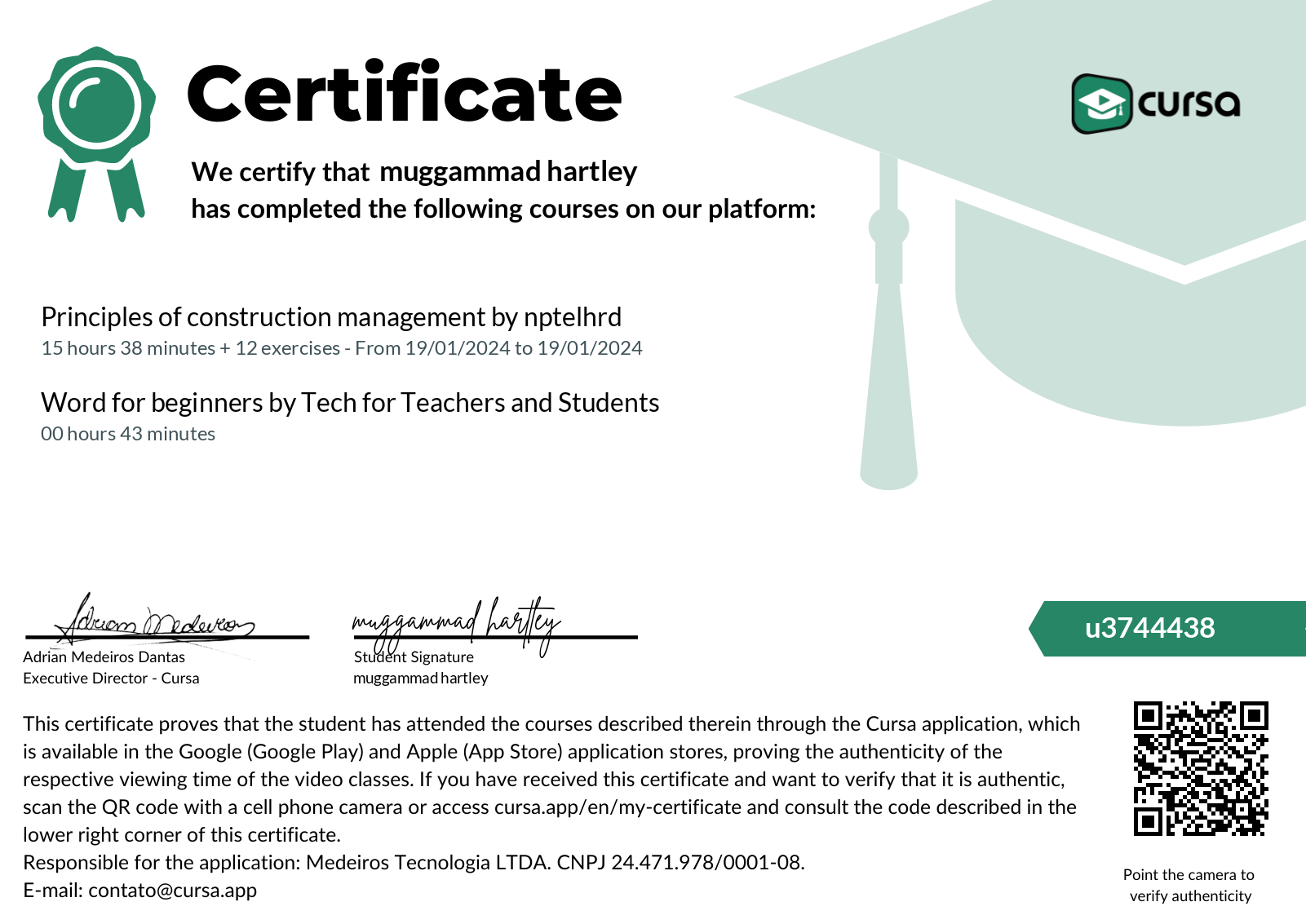 Image of my free Course Completion Certificate.