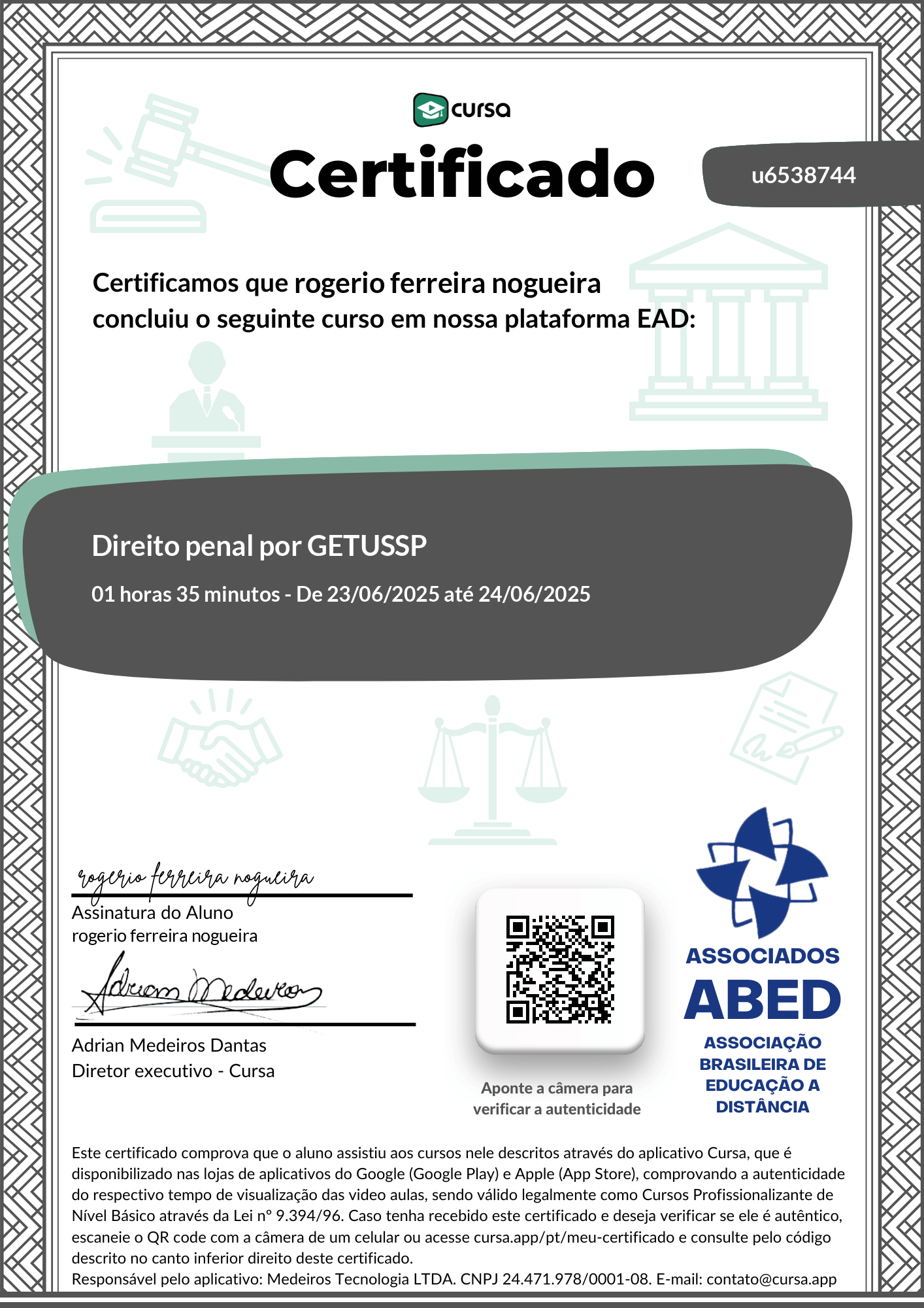Imagem do meu Certificado gratuito de conclusão de curso.