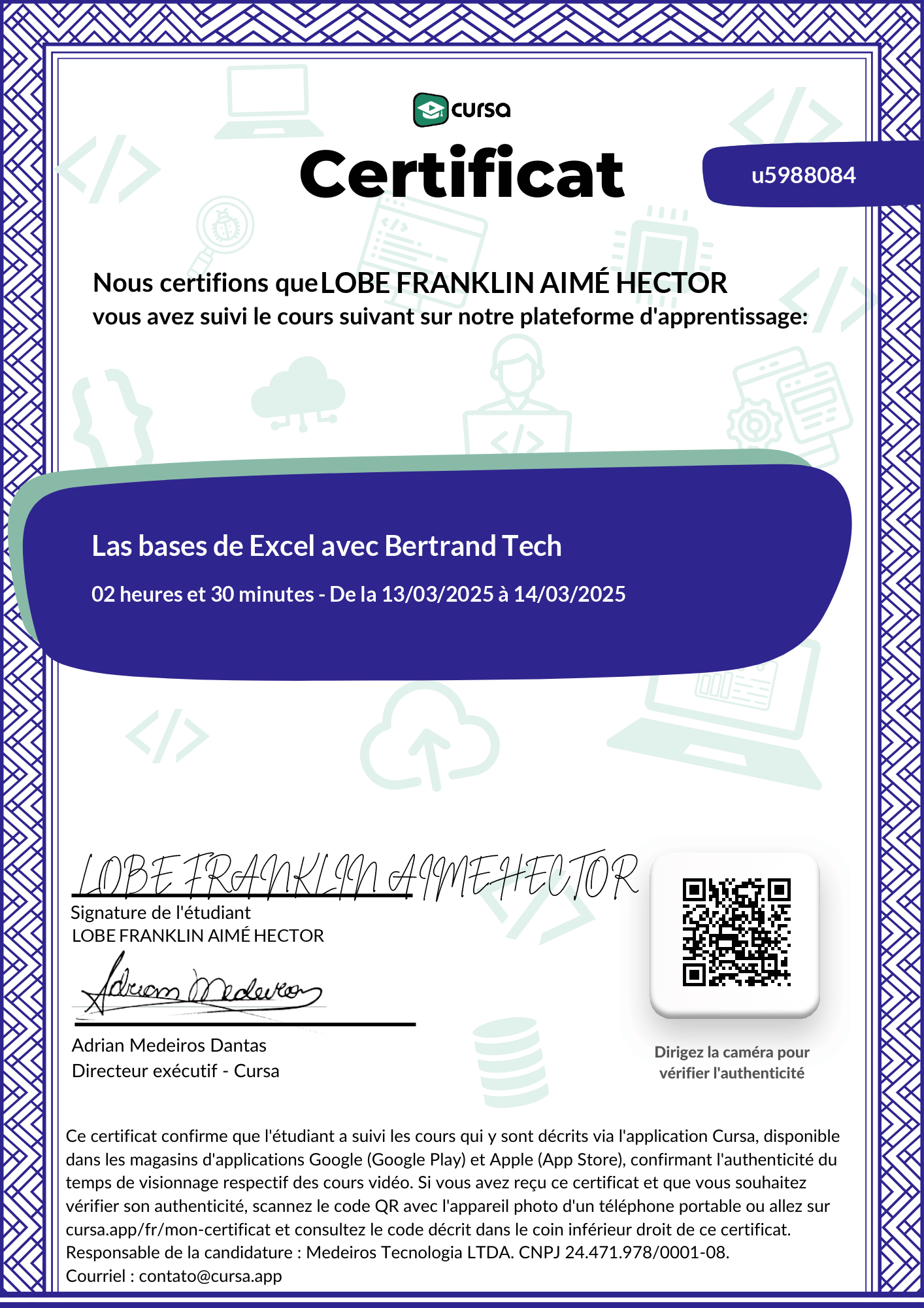 Image de mon certificat de fin de cours gratuit.