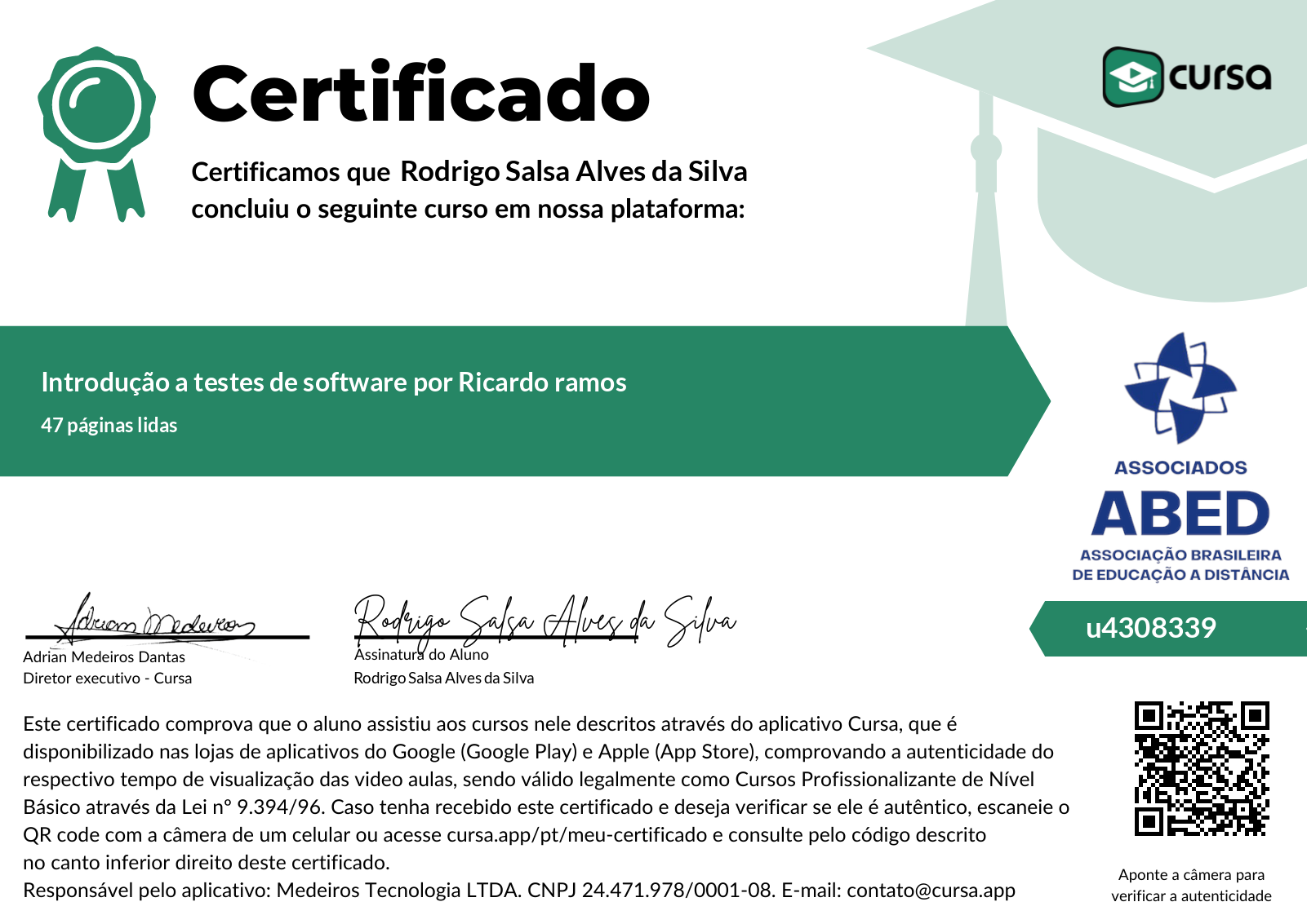 Imagem do meu Certificado gratuito de conclusão de curso.