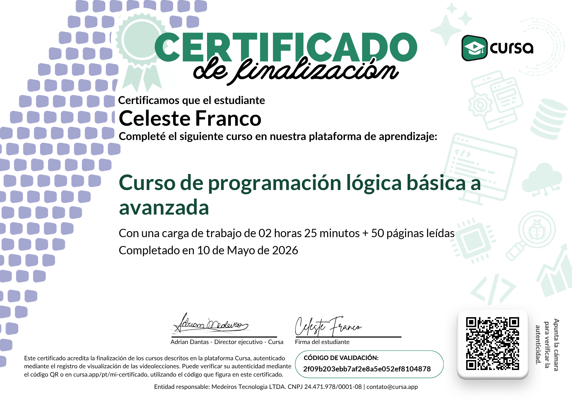 Imagen de mi Certificado de finalización del curso gratuito.