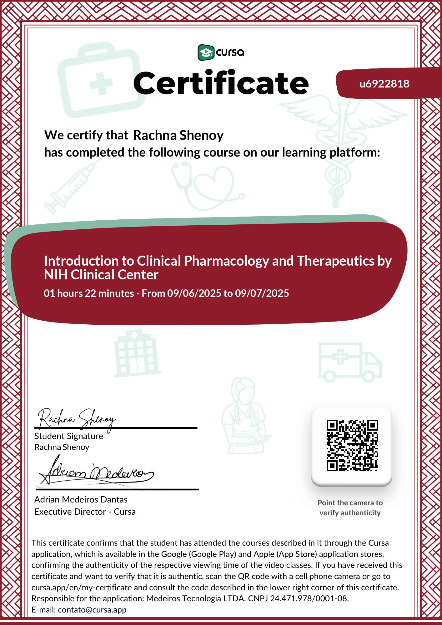 Image of my free Course Completion Certificate.