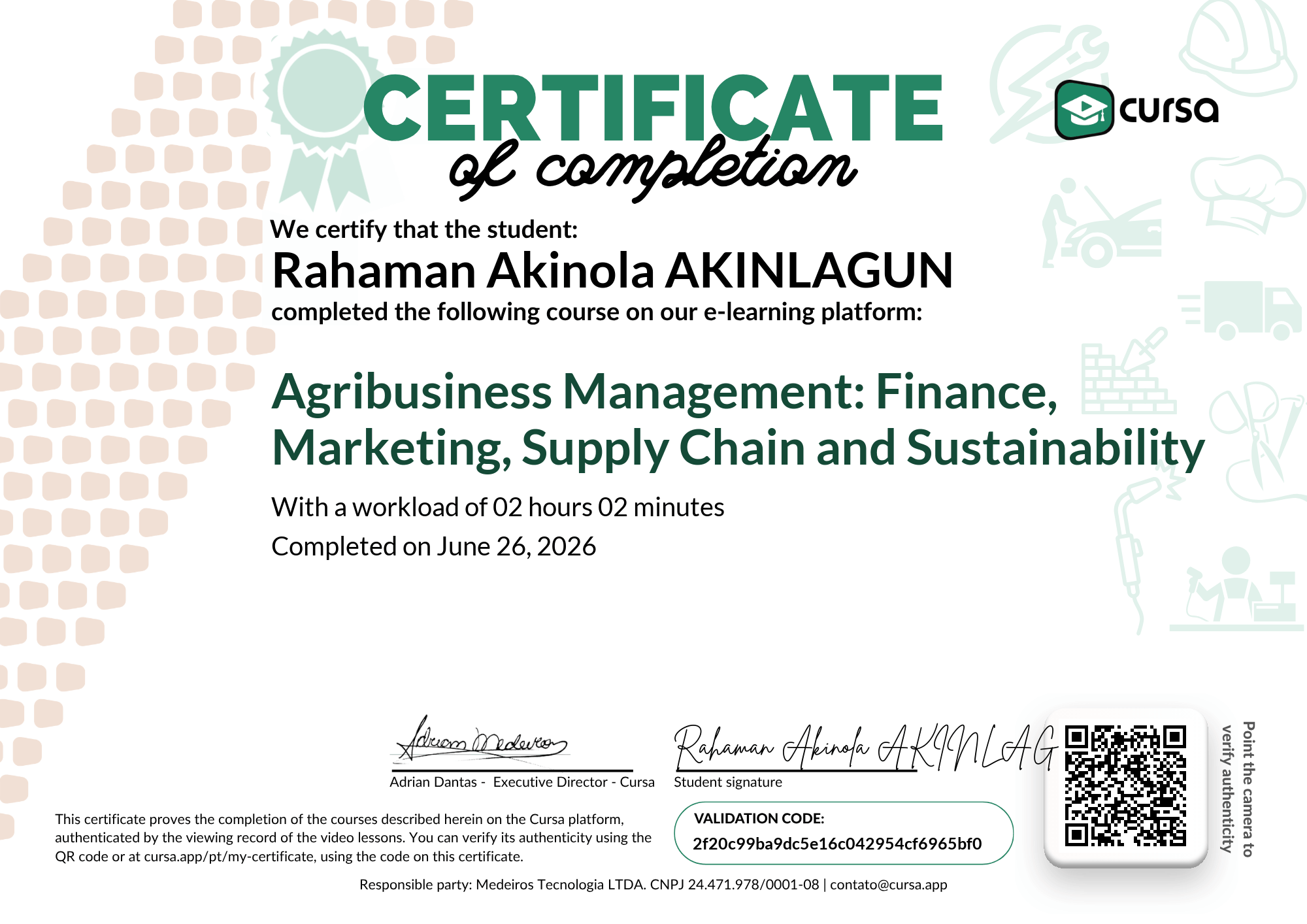 Image of my free Course Completion Certificate.