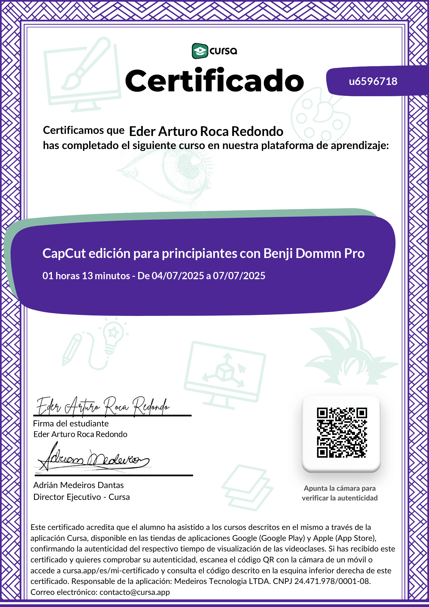Imagen de mi Certificado de finalización del curso gratuito.