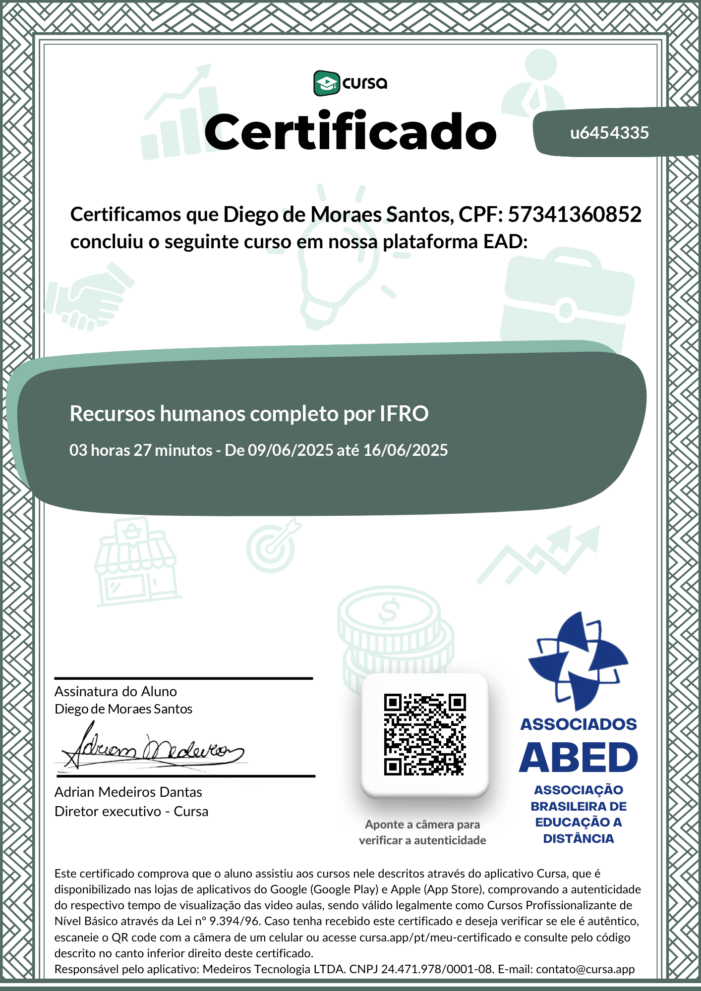 Imagem do meu Certificado gratuito de conclusão de curso.