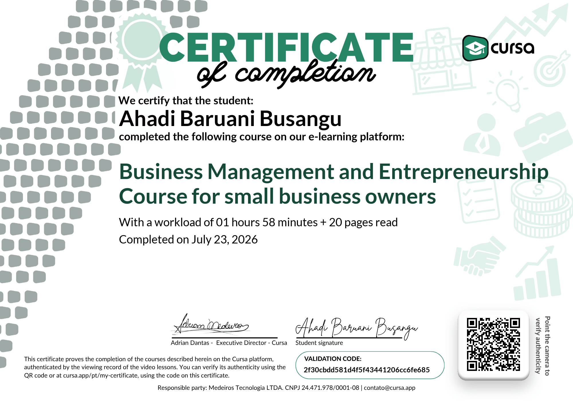 Image of my free Course Completion Certificate.