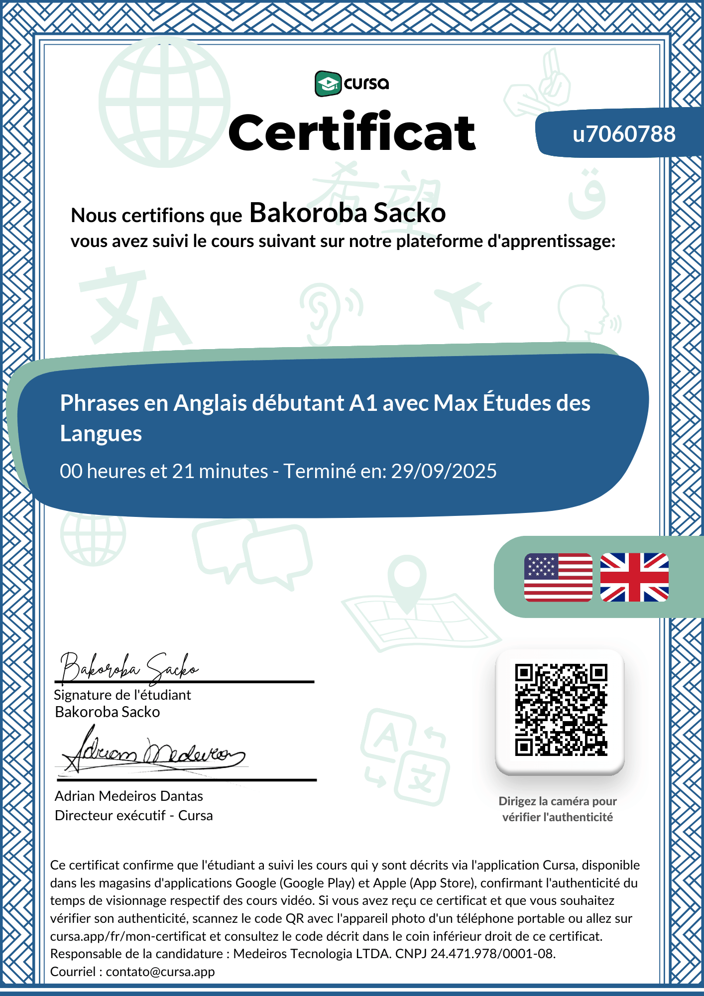 Image de mon certificat de fin de cours gratuit.