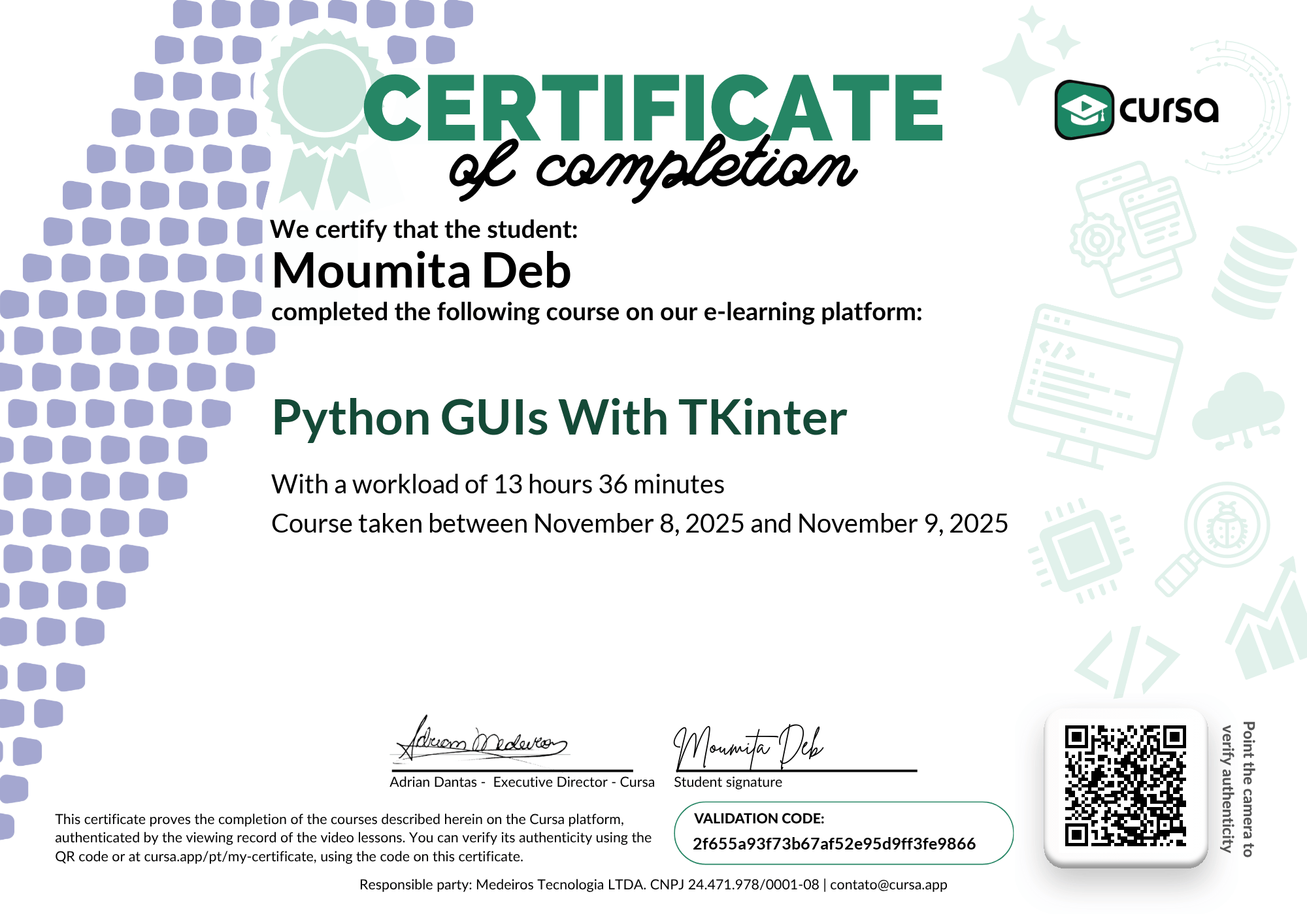 Image of my free Course Completion Certificate.