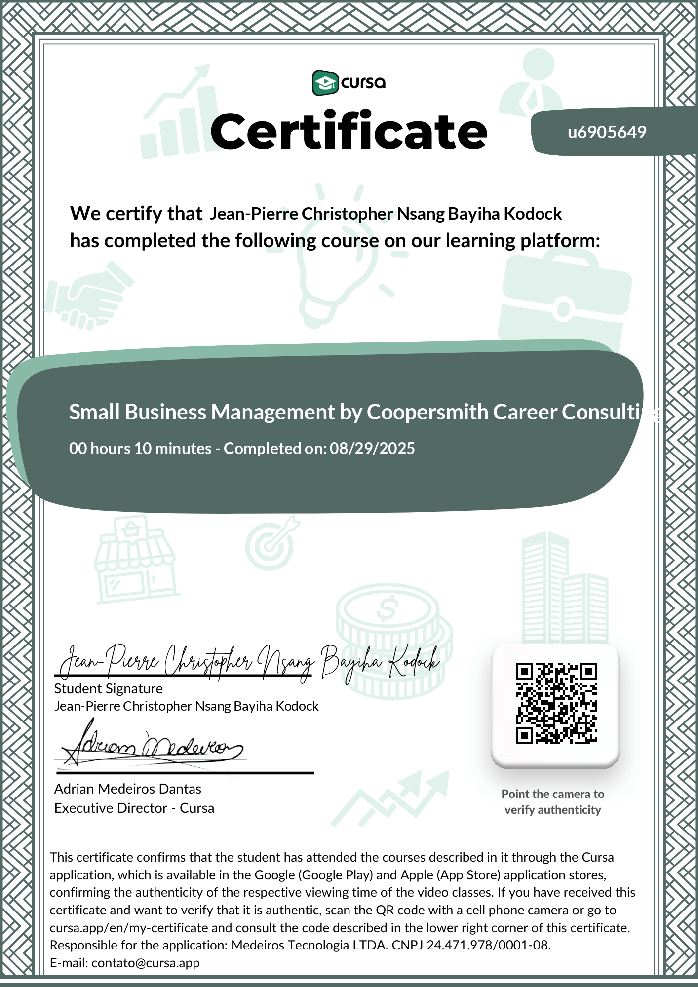 Image of my free Course Completion Certificate.