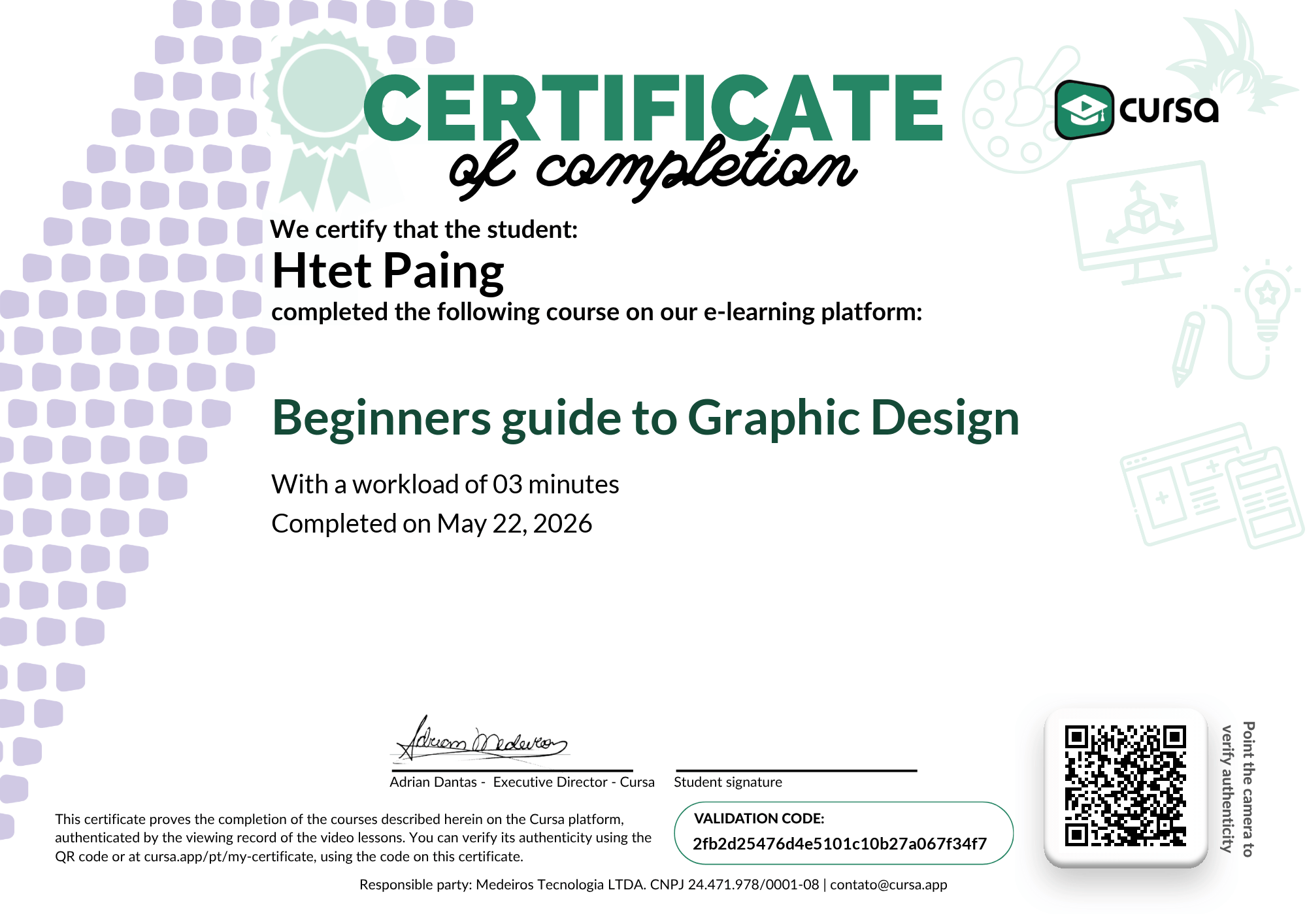 Image of my free Course Completion Certificate.