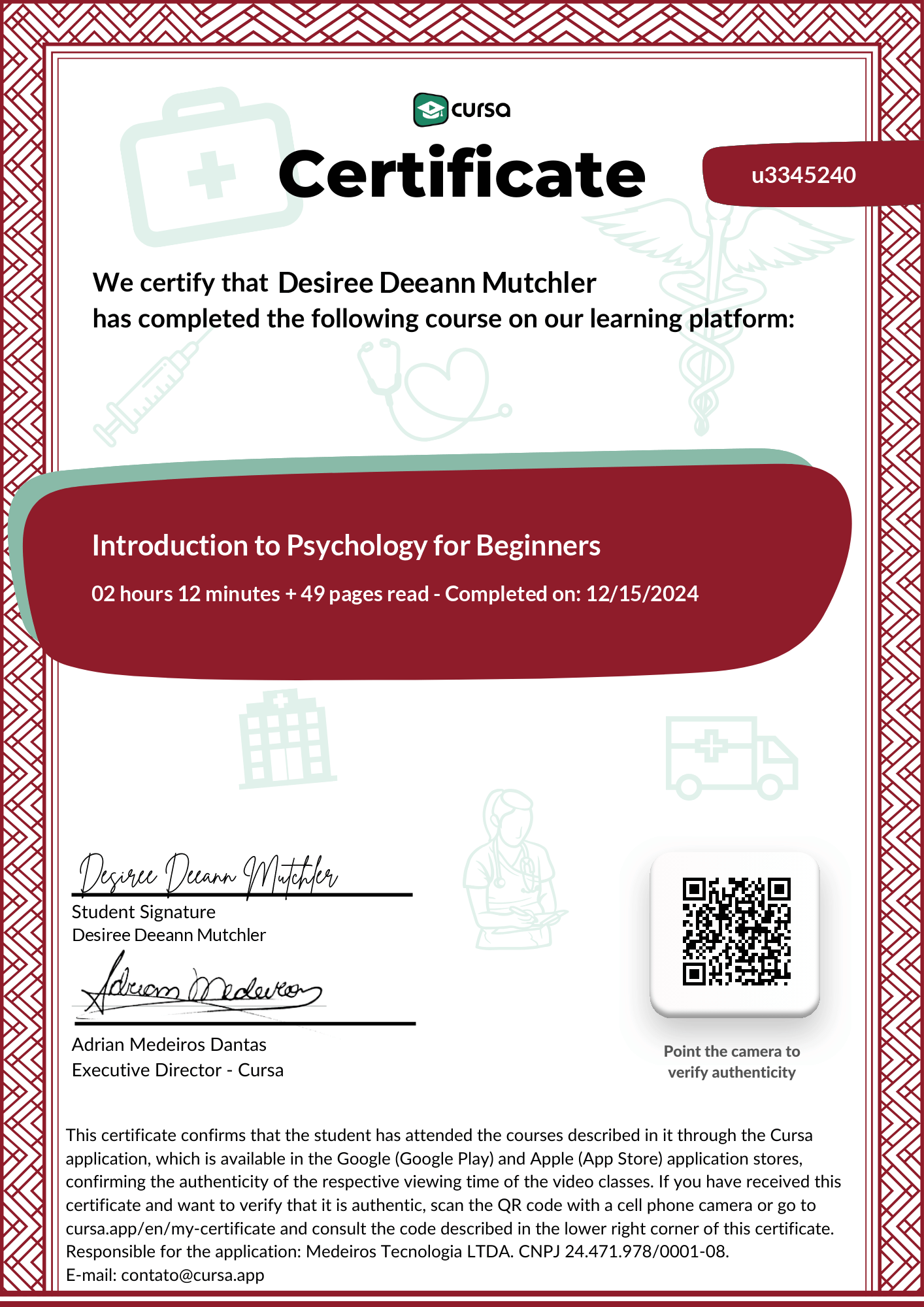 Image of my free Course Completion Certificate.