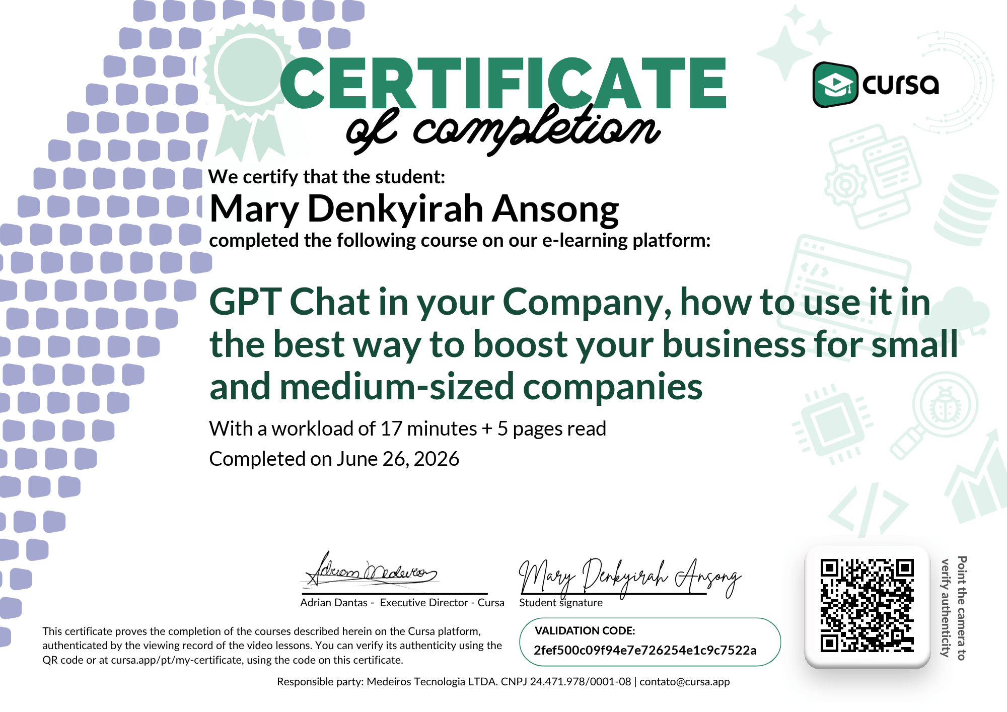 Image of my free Course Completion Certificate.