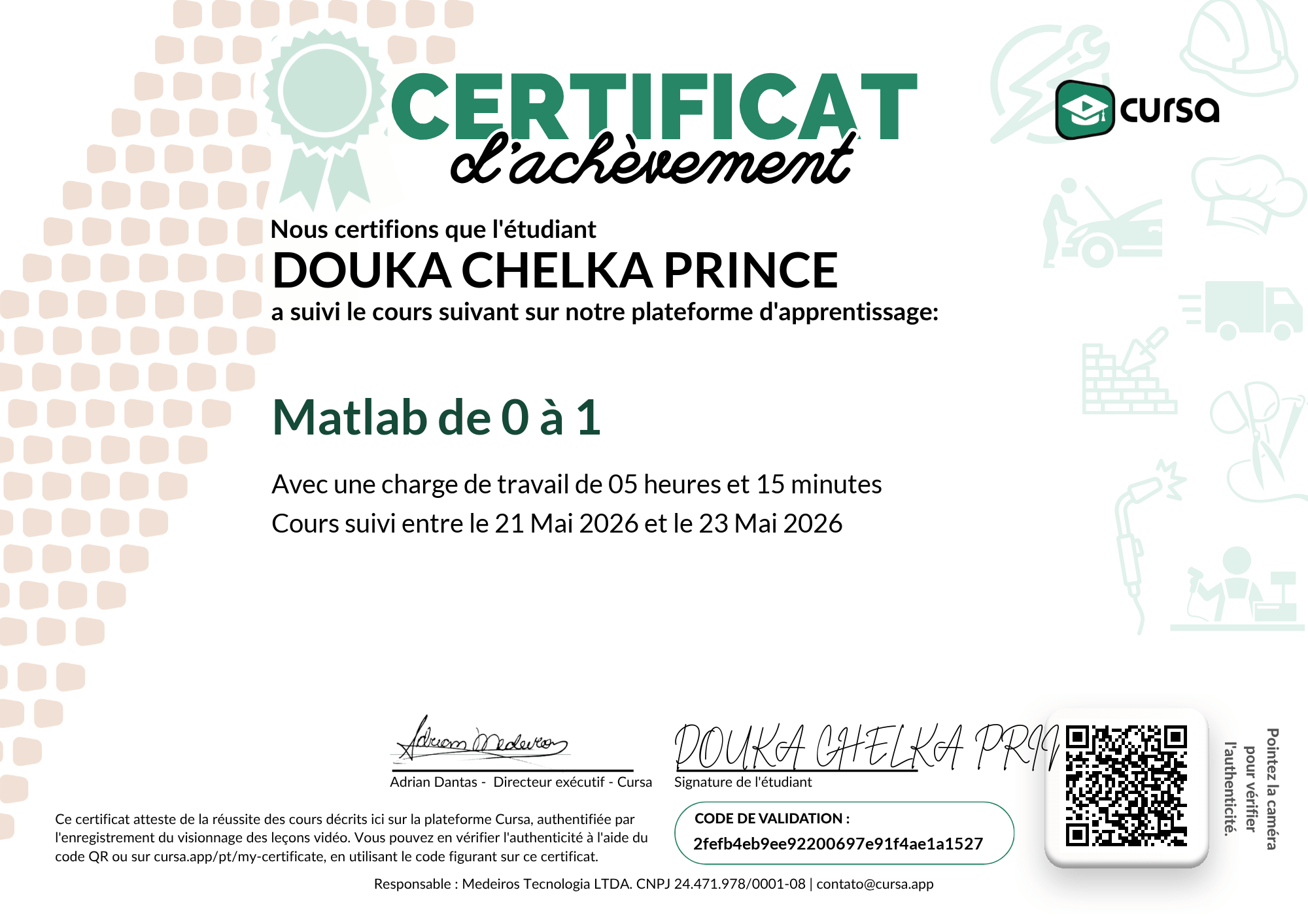 Image de mon certificat de fin de cours gratuit.