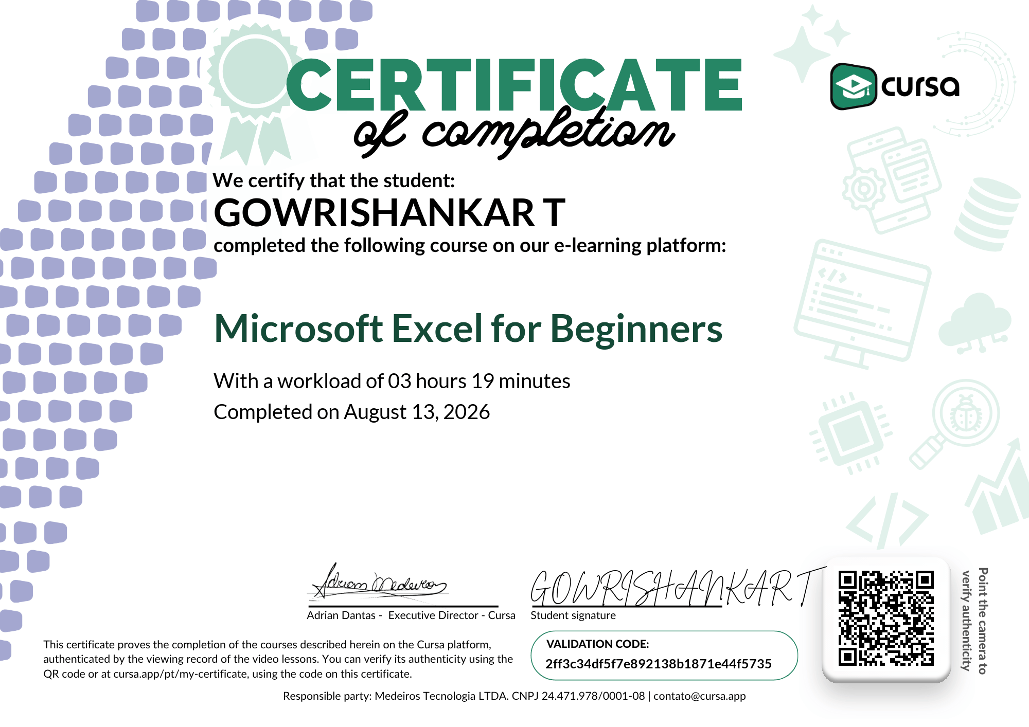 Image of my free Course Completion Certificate.