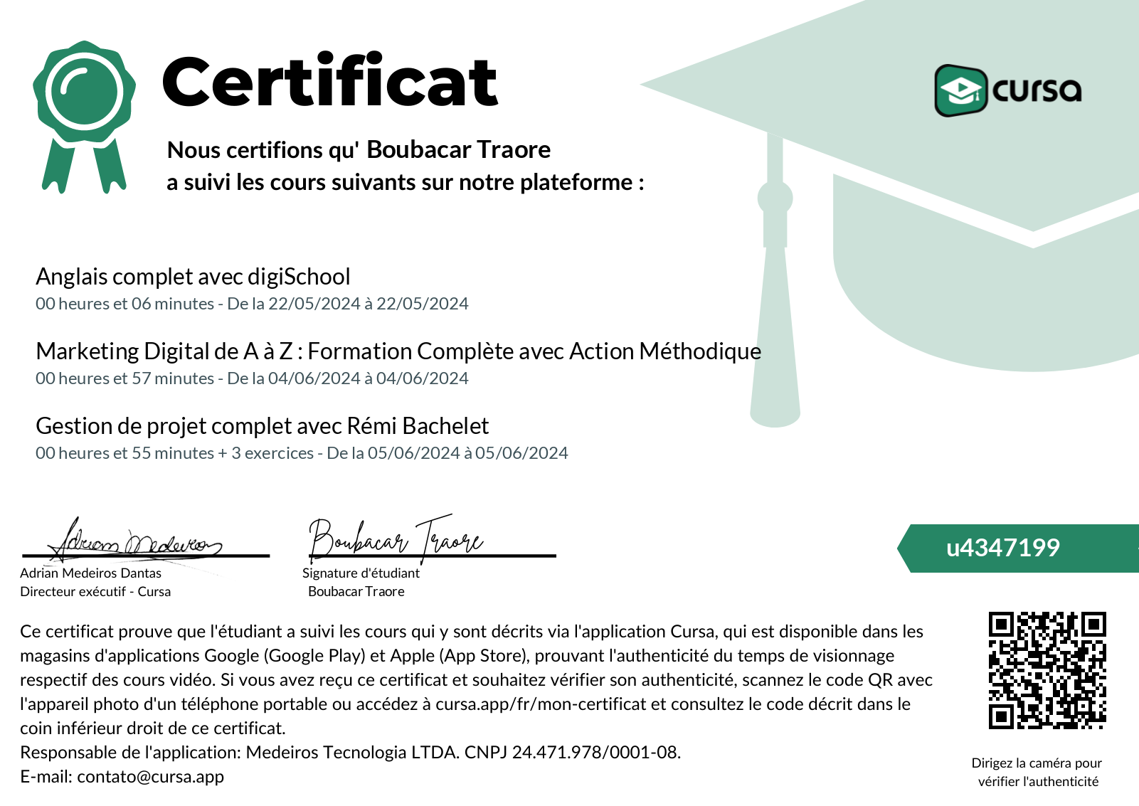 Image de mon certificat de fin de cours gratuit.